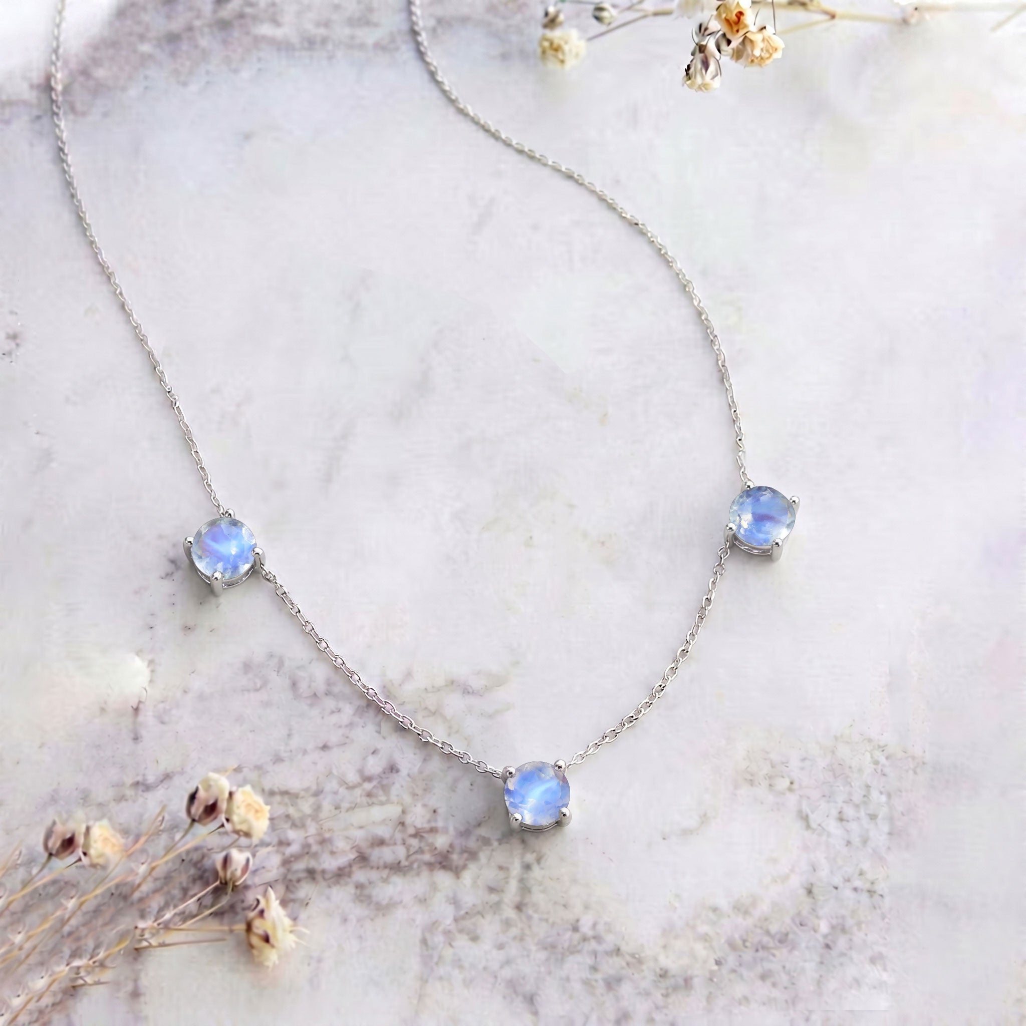 Three stone Moonstone necklace designed with a minimalist and timeless jewelry style.
