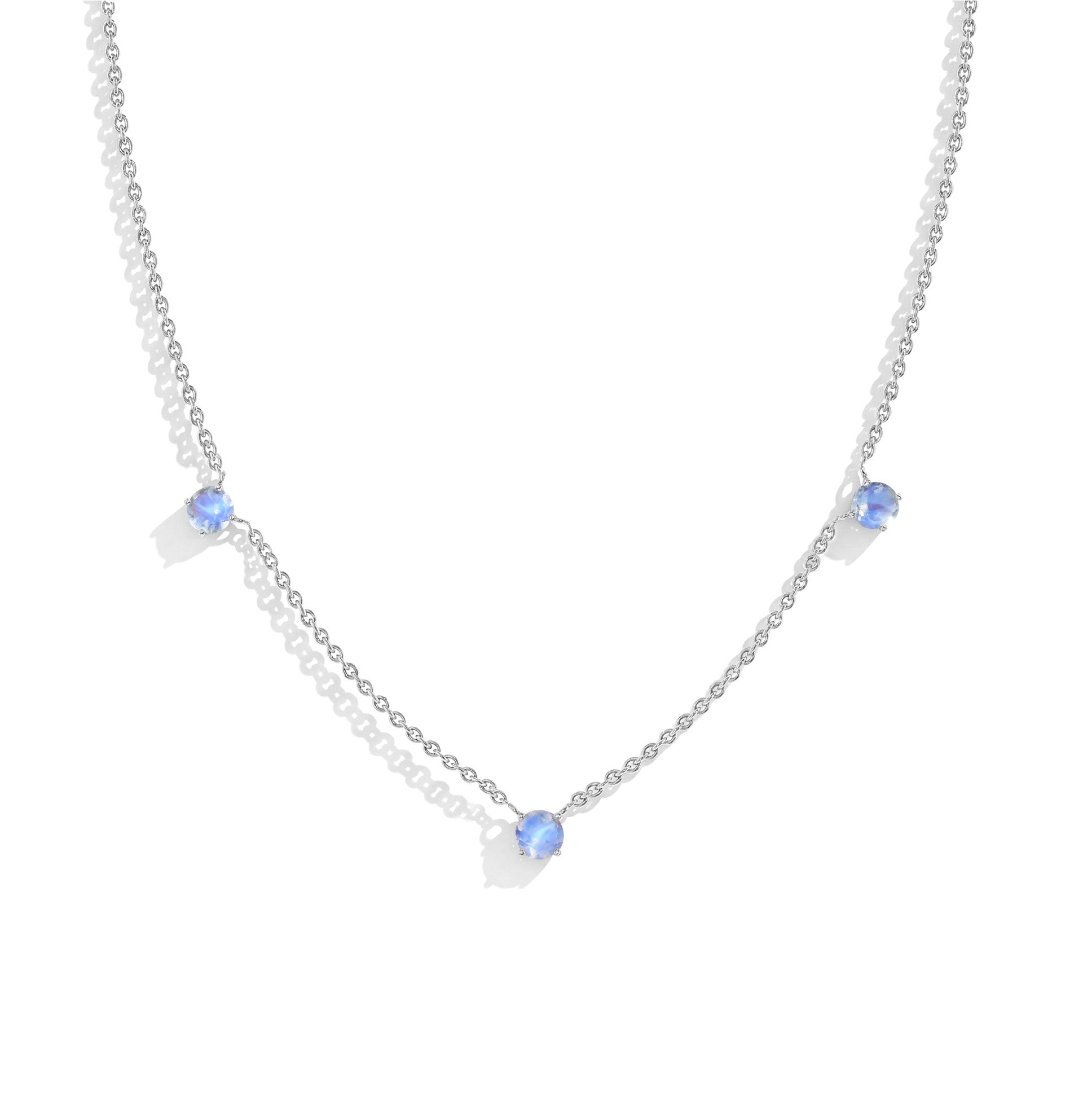 "Dainty Moonstone necklace featuring three 5MM round gemstones in 925 Sterling Silver.
