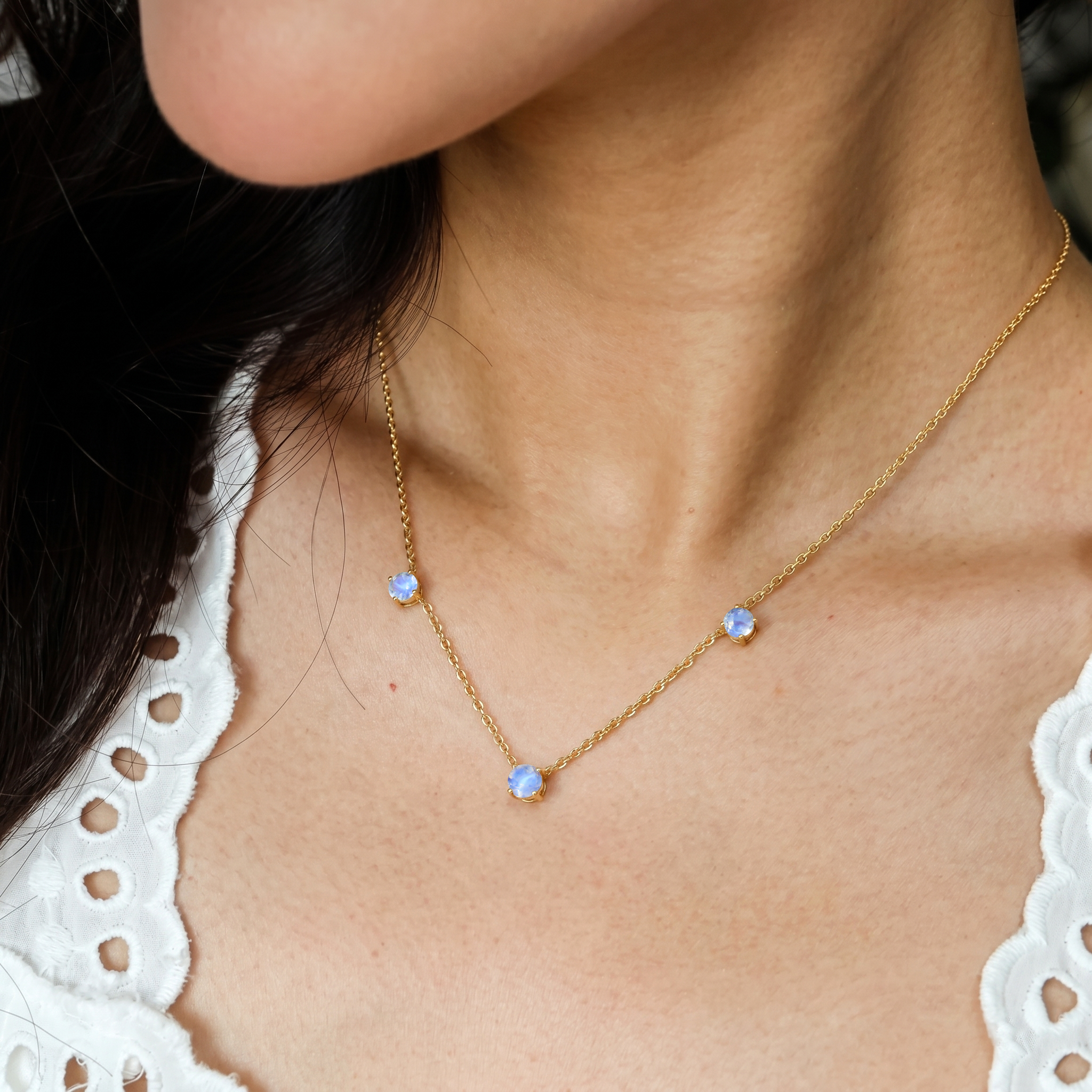 Genuine Moonstone gemstone necklace featuring three round stones for women.
