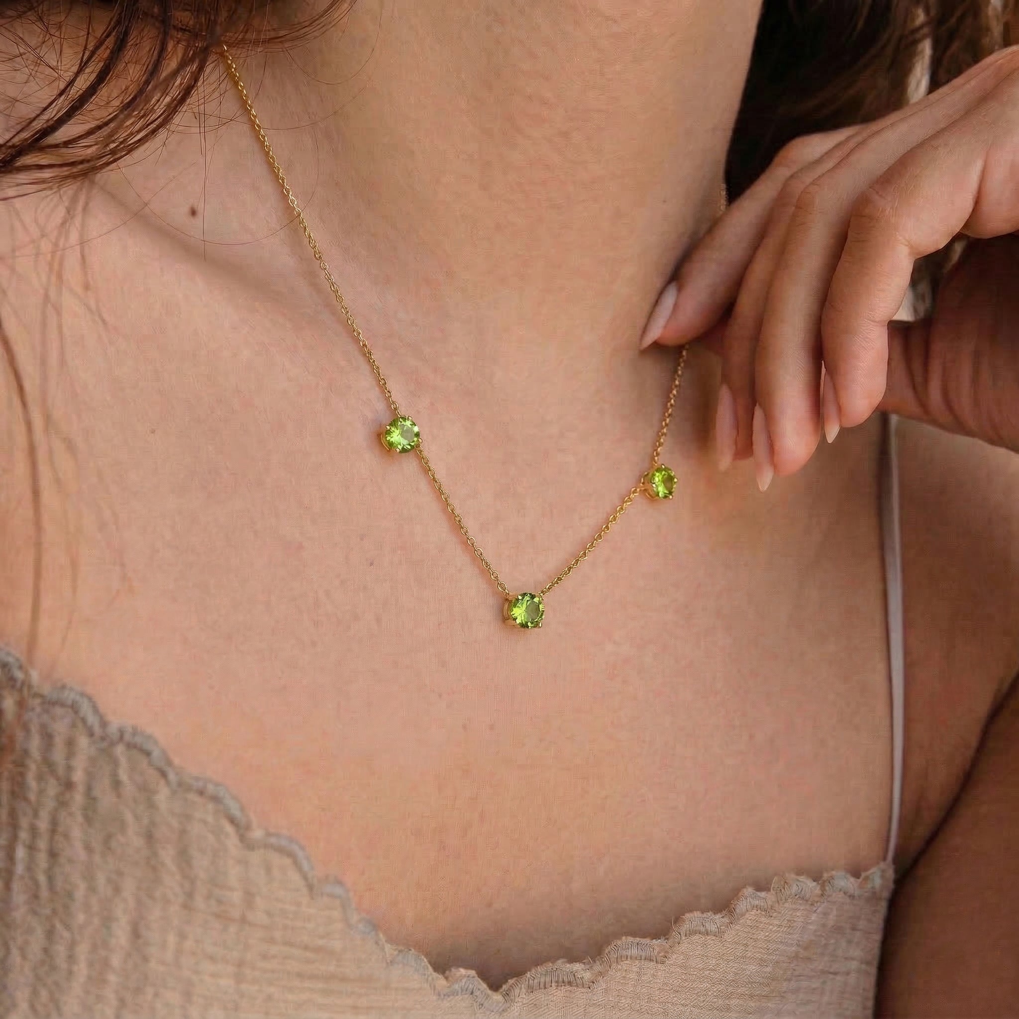Women's Peridot Necklace Featuring Three Natural Green Gemstones
