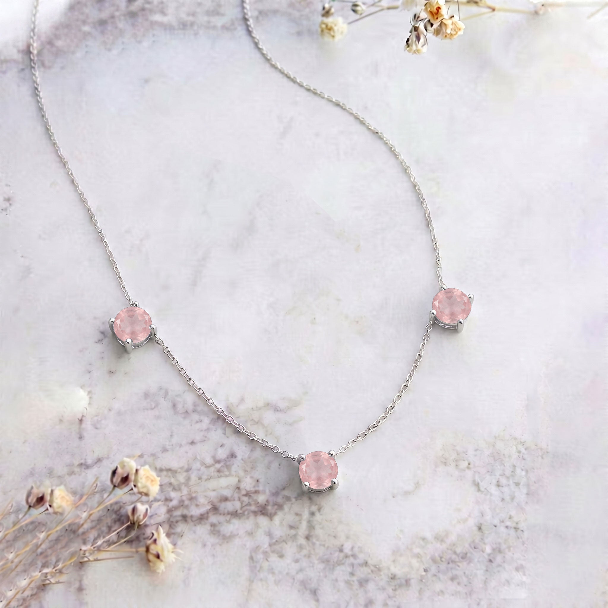 925 Sterling Silver Rose Quartz necklace with adjustable 16 inch chain and extender.

