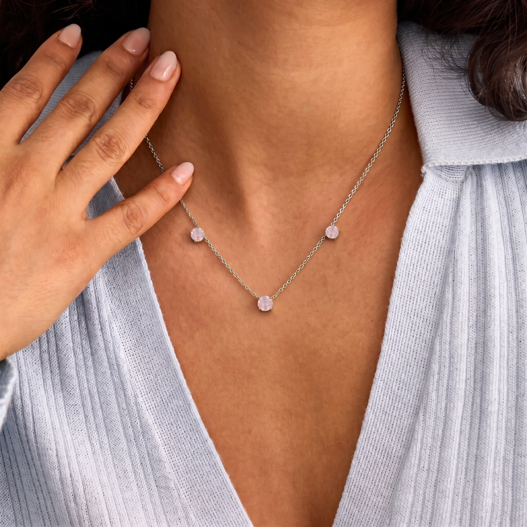 Elegant Rose Quartz station necklace with soft pink gemstones for women.
