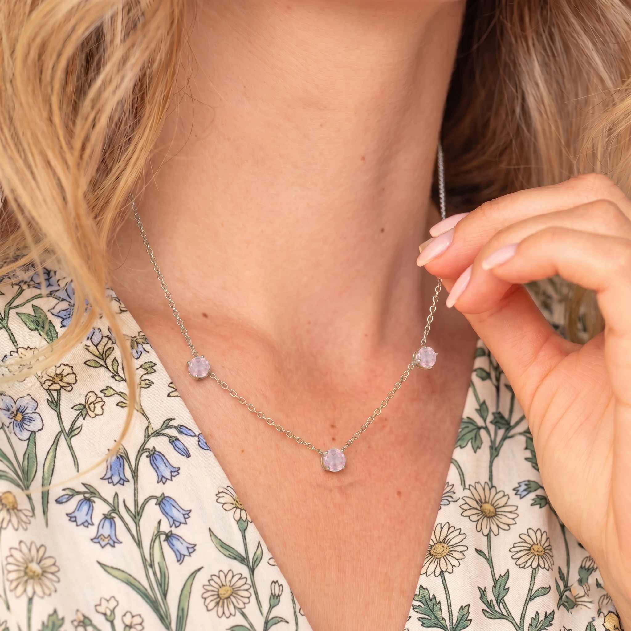 Handmade Rose Quartz gemstone necklace crafted with a delicate sterling silver chain.
