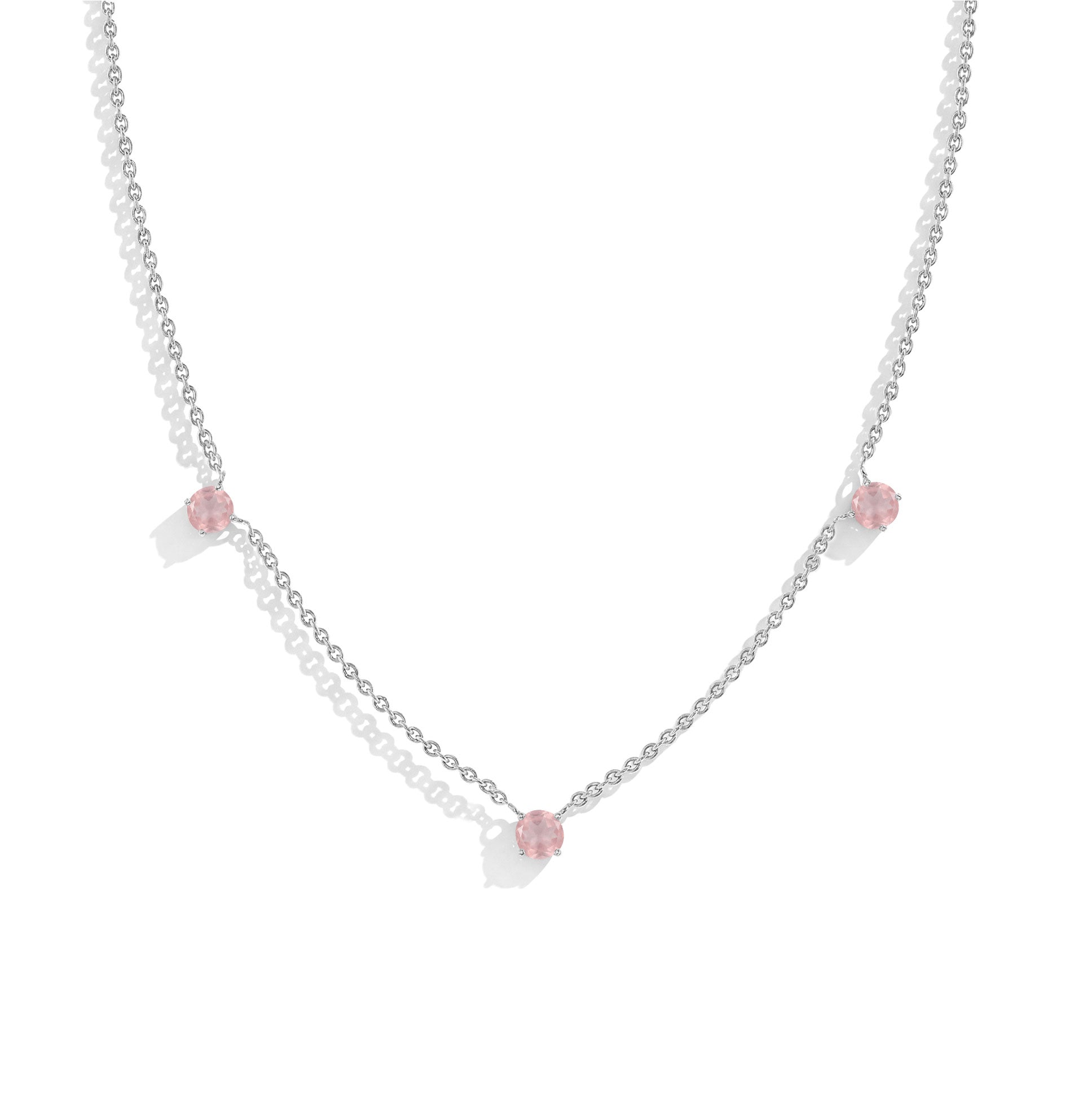 "Dainty Rose Quartz necklace featuring three 5MM round gemstones in 925 Sterling Silver.
