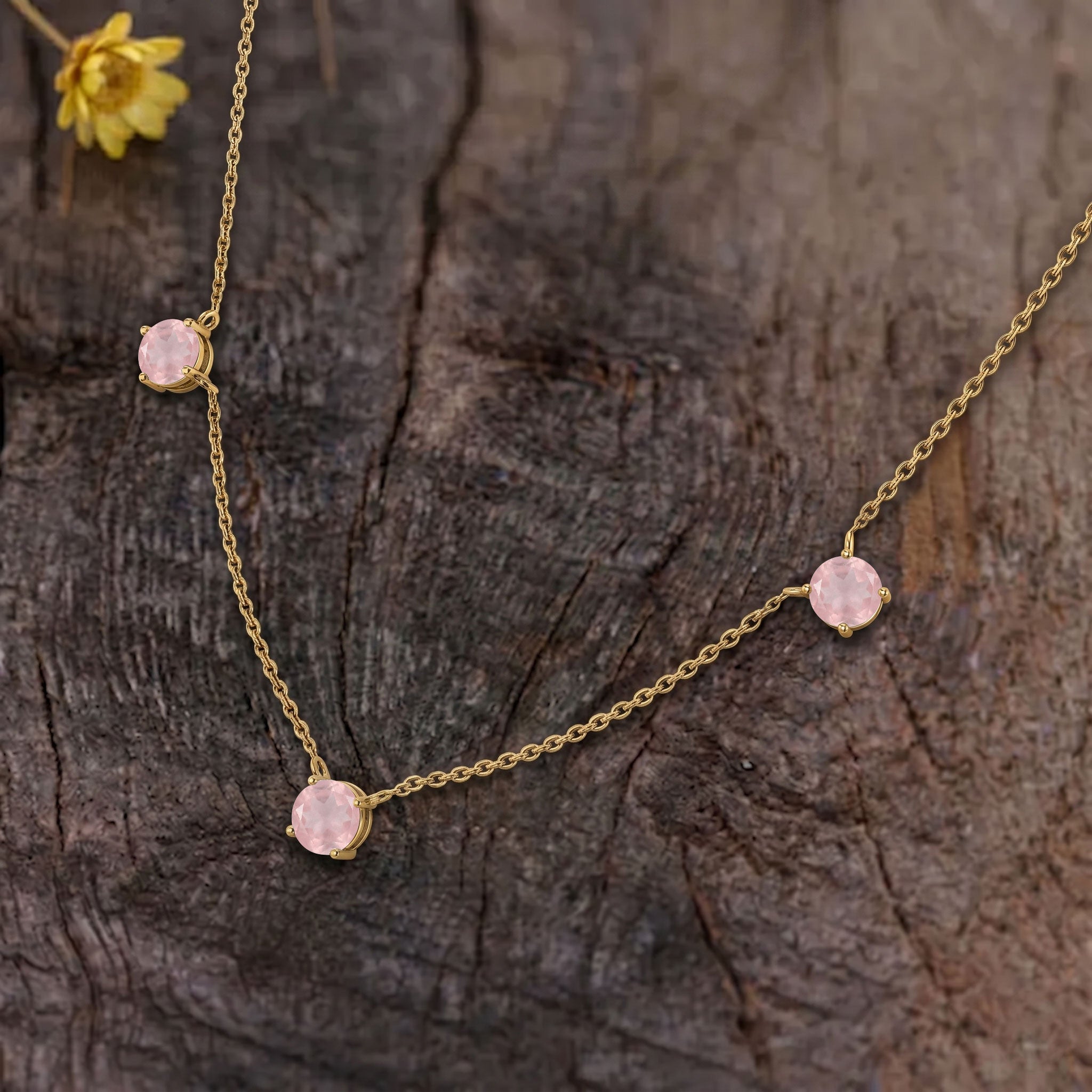 Rose Quartz station necklace available in sterling silver and yellow gold filled designs.
