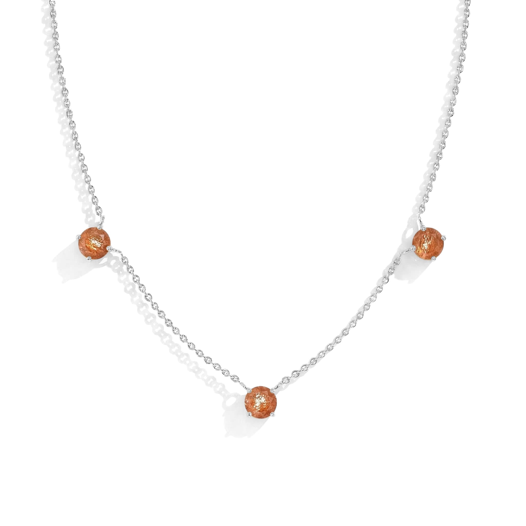 "Dainty Sunstone necklace featuring three 5MM round gemstones in 925 Sterling Silver.
