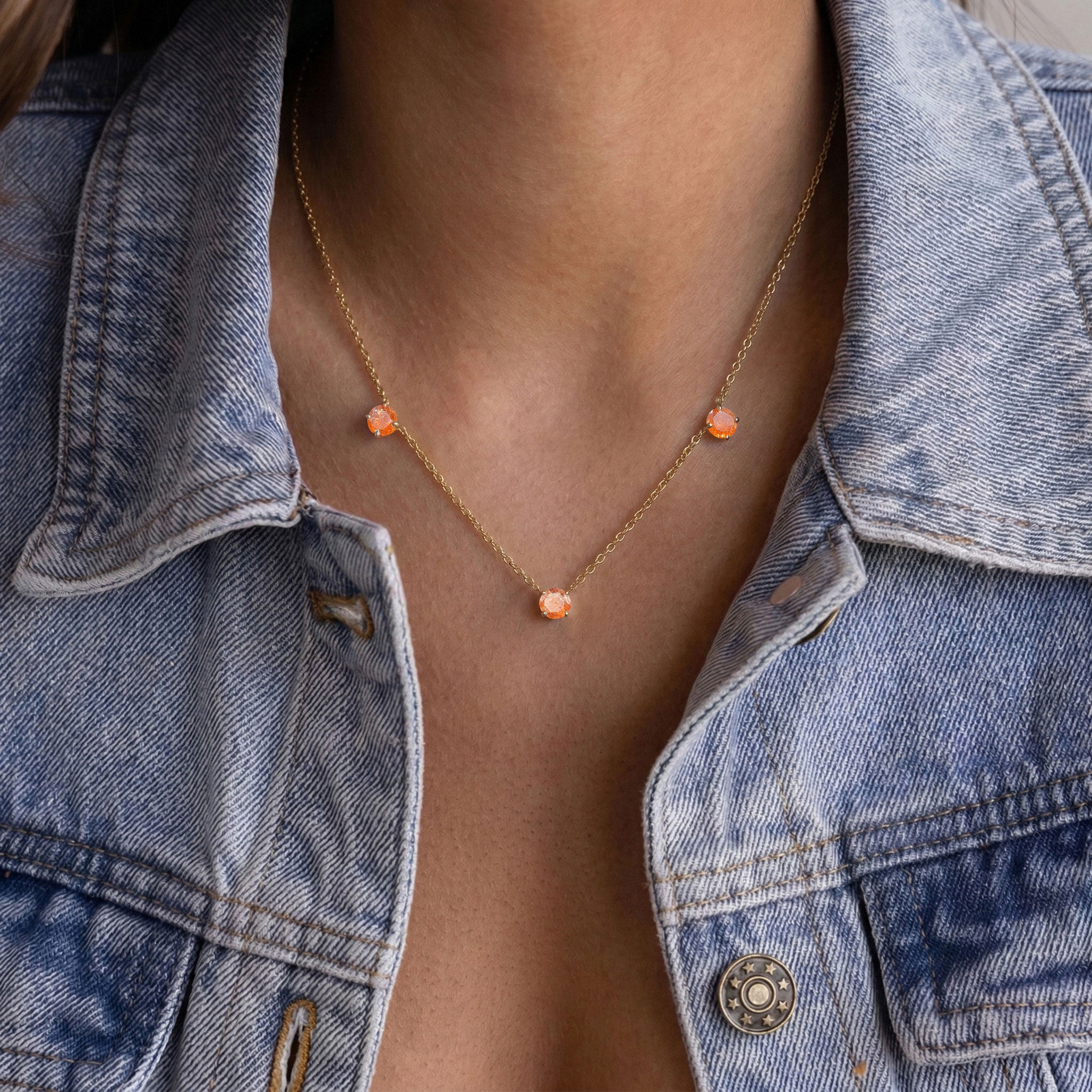 Genuine Sunstone gemstone necklace featuring three round stones for women.
