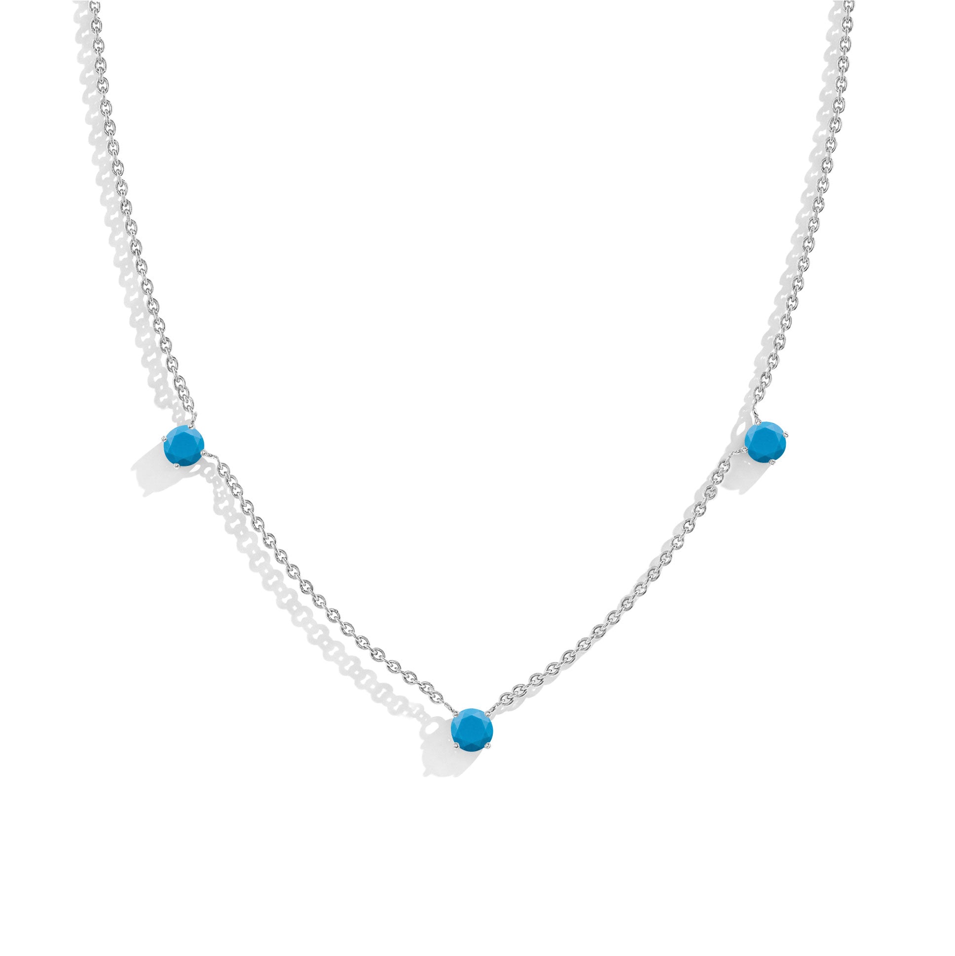 "Dainty Turquoise necklace featuring three 5MM round gemstones in 925 Sterling Silver.
