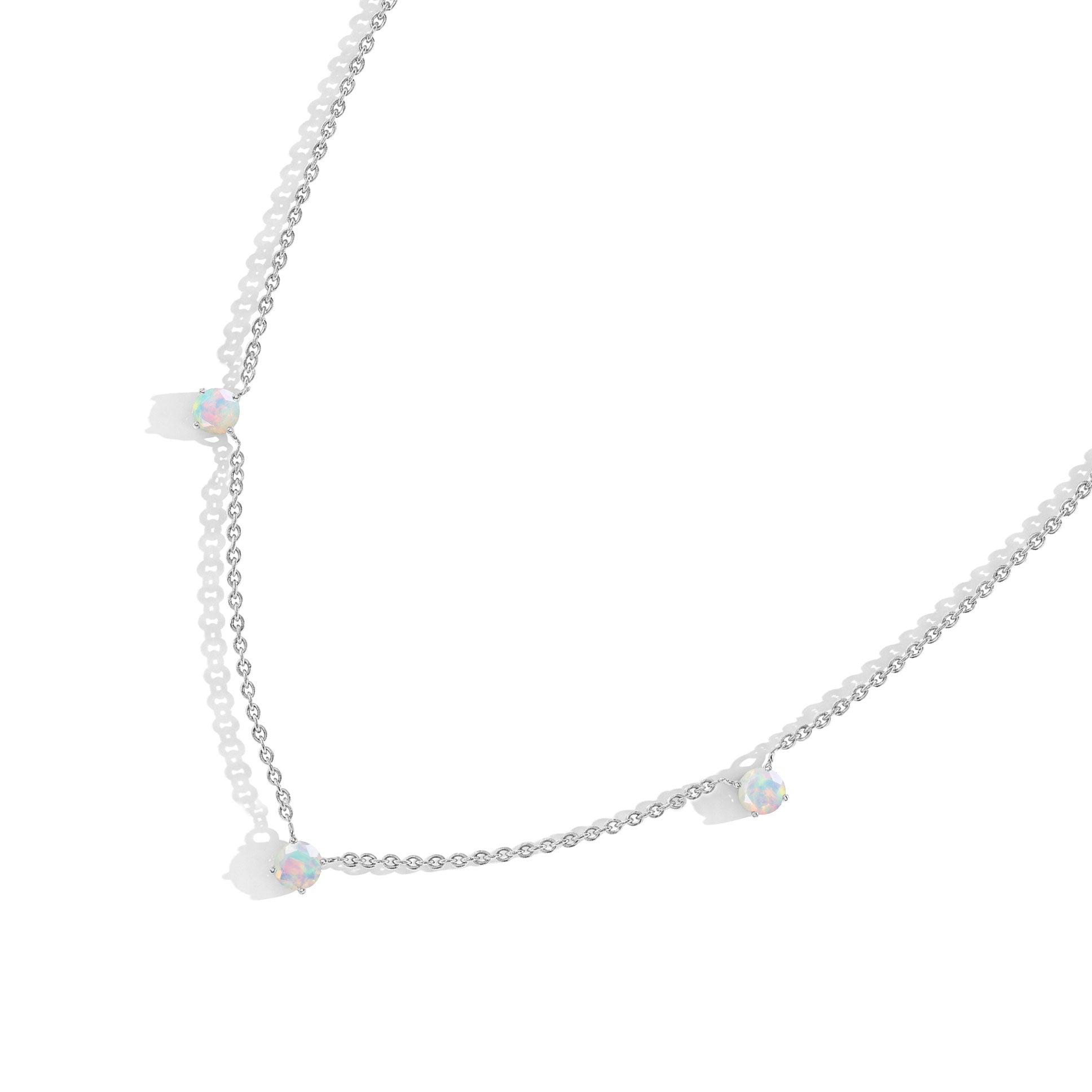 Elegant White Opal necklace with natural iridescent gemstones and adjustable chain.
