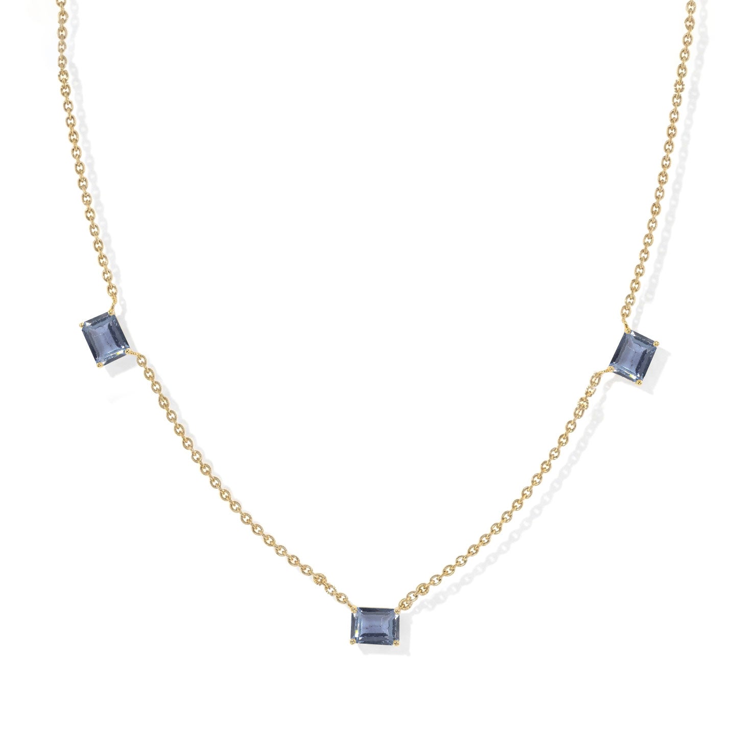 Genuine Alexandrite station necklace featuring three 8x6mm octagon-cut gemstones.
