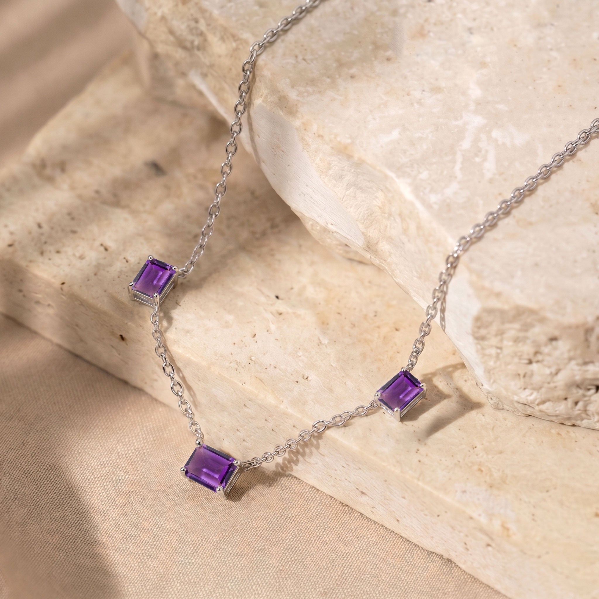 Dainty Amethyst station necklace with a 16-inch chain and 2-inch extender.
