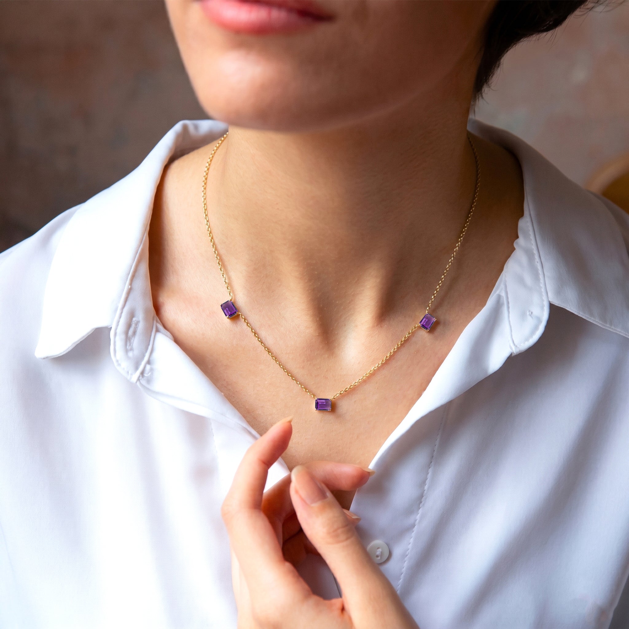 Elegant Amethyst station necklace perfect for everyday styling.
