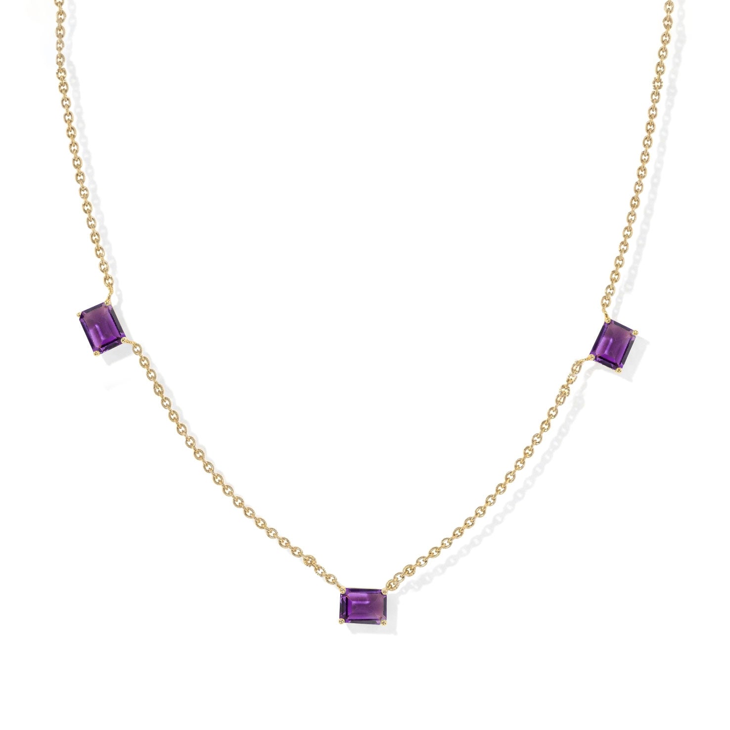 Genuine Amethyst station necklace featuring three 8x6mm octagon-cut gemstones.
