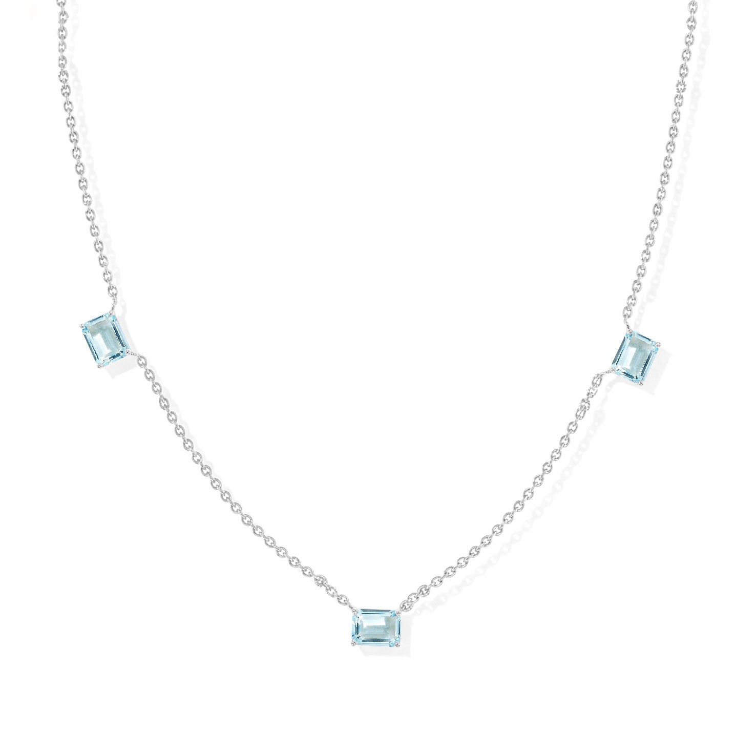 "AAA Aquamarine Three Stone Octagon Station Necklace in 925 Sterling Silver.
