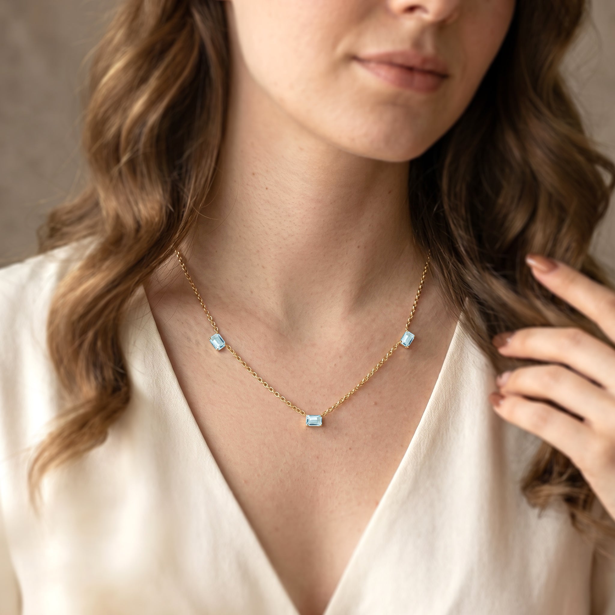 Elegant Aquamarine station necklace perfect for daily wear.
