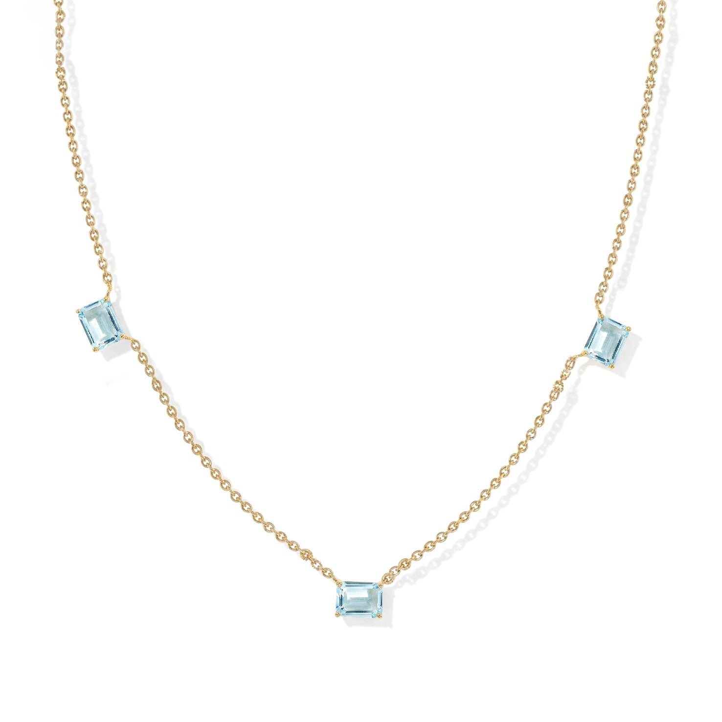 Genuine Aquamarine station necklace featuring three 8x6mm octagon-cut gemstones.

