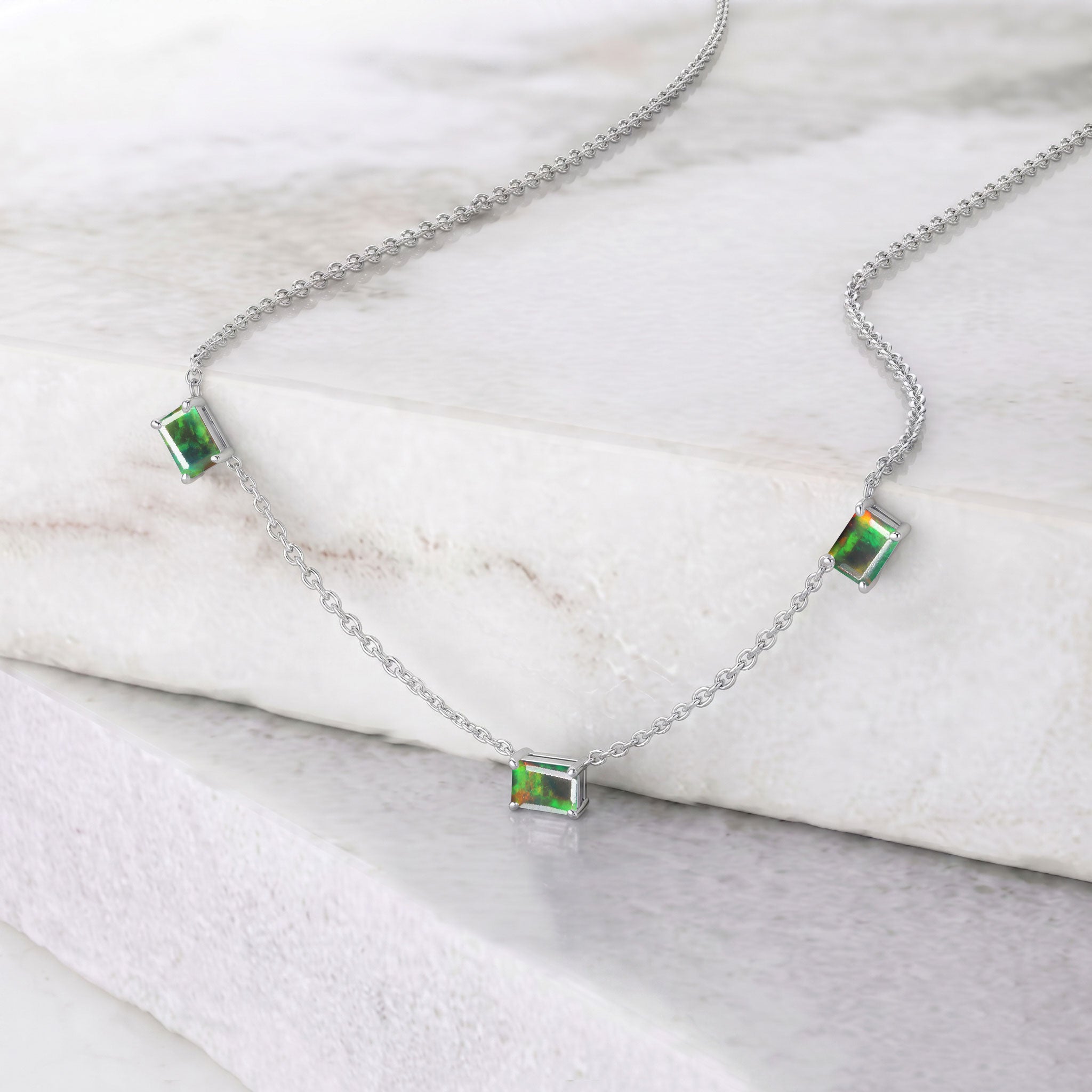 Dainty Black Opal station necklace with a 16-inch chain and 2-inch extender.
