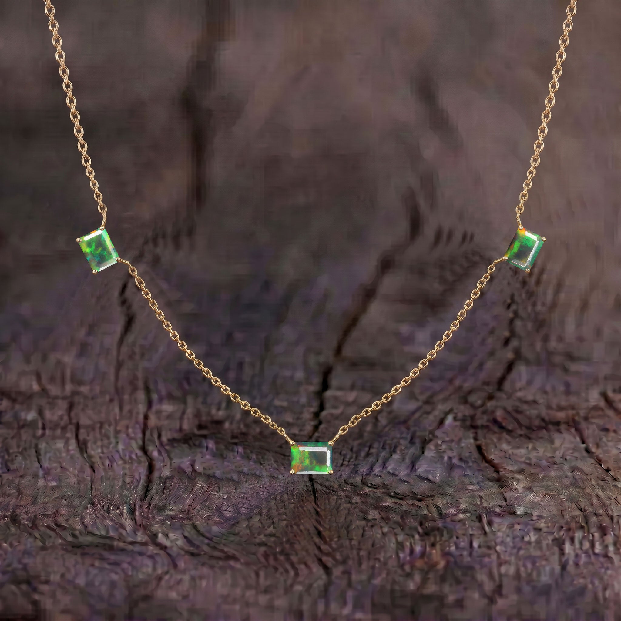 Rose Gold Filled AAA Black Opal Three Stone Station Necklace.
