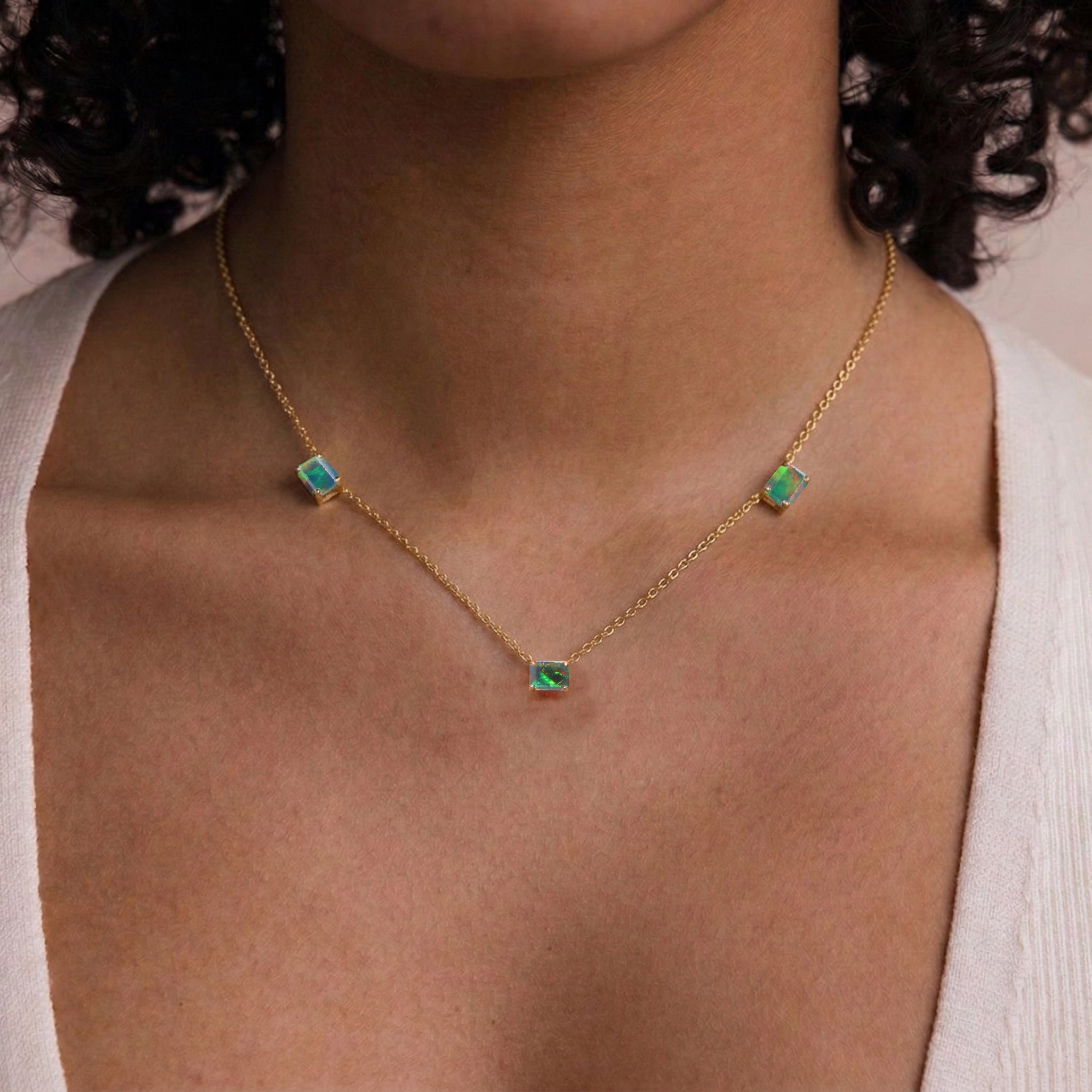 Dainty AAA Black Opal Three Stone Station Necklace for everyday wear.
