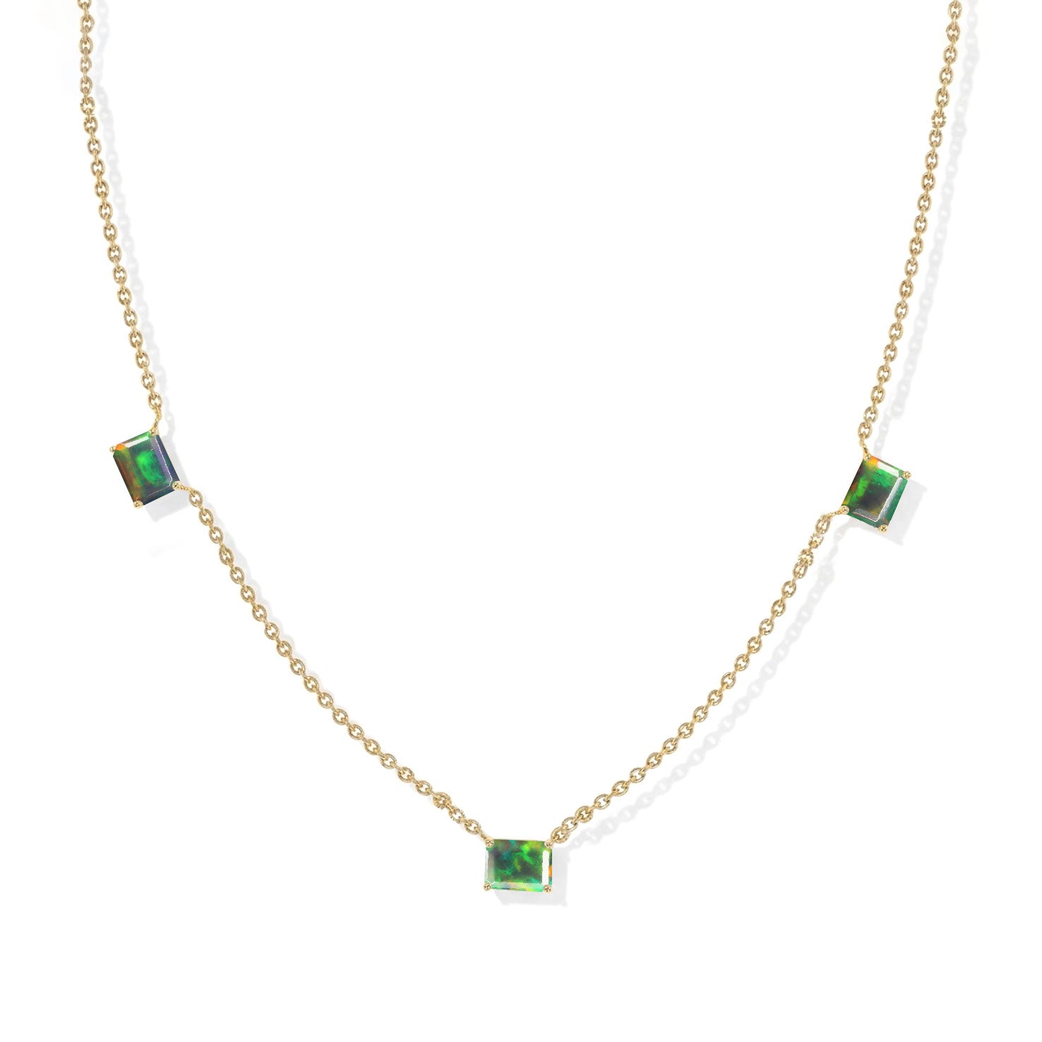 Handmade AAA Black Opal Three Stone Station Necklace, meaningful October birthday gift.
