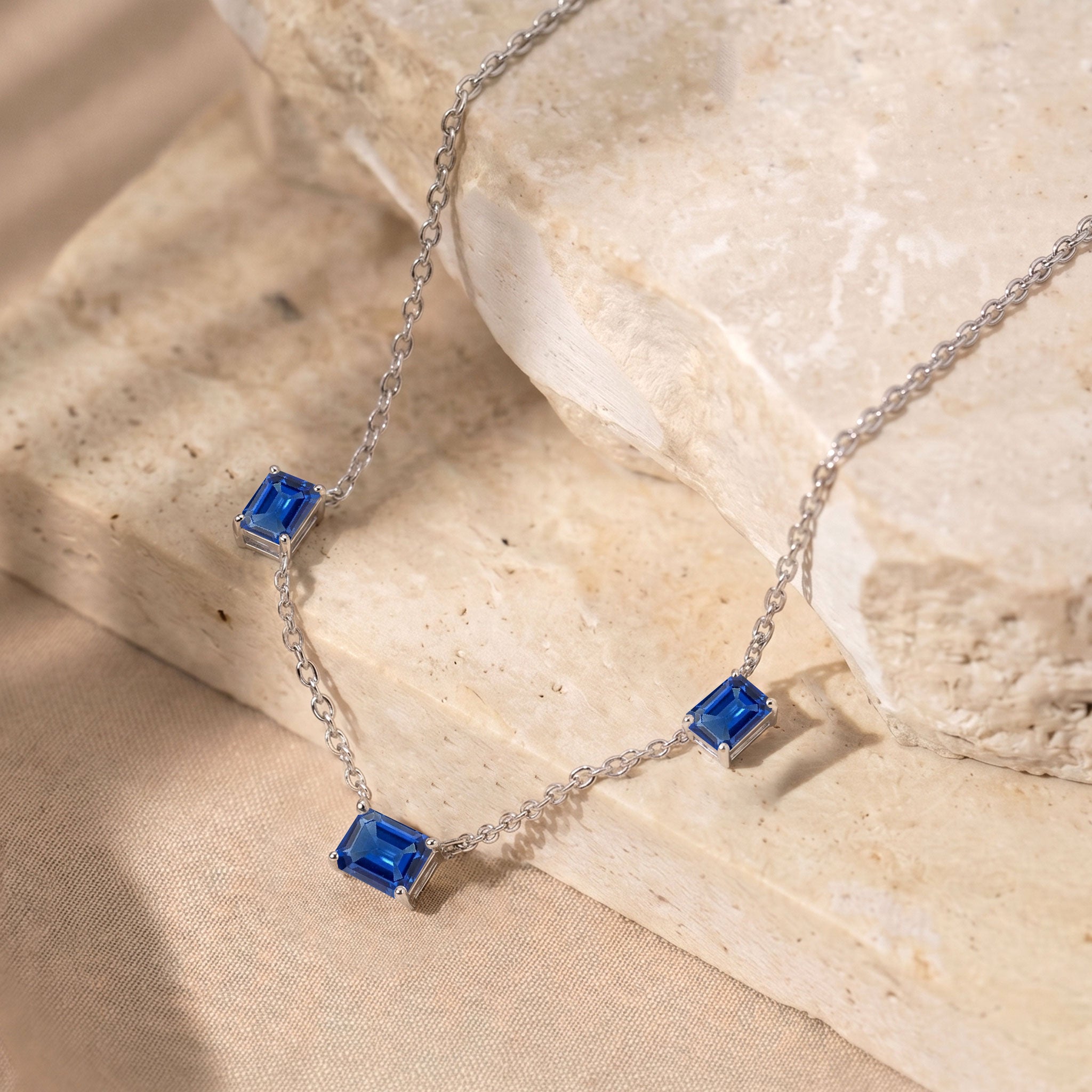 Rose Gold Filled AAA Blue Sapphire Three Stone Station Necklace.
