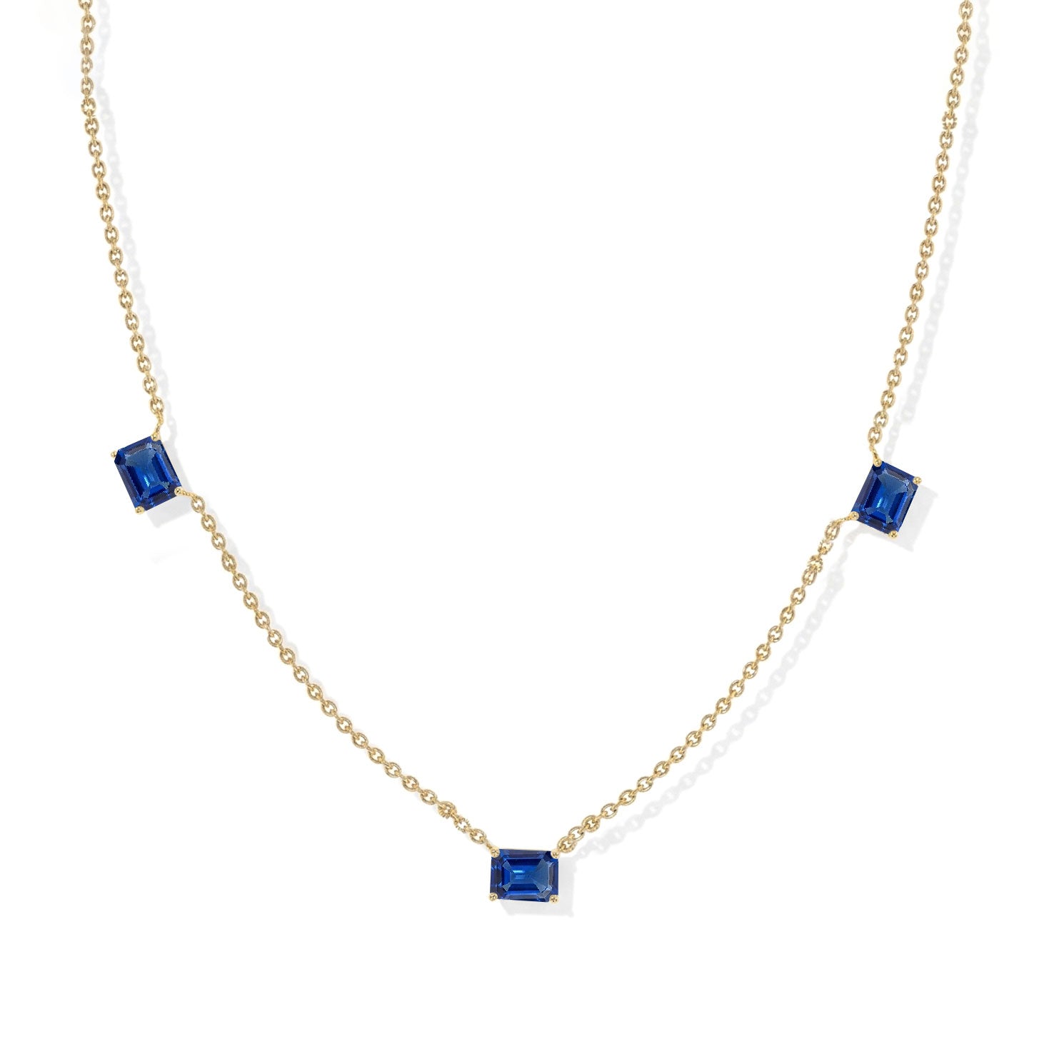 AAA Blue Sapphire Three Stone Station Necklace, perfect September birthstone gift."