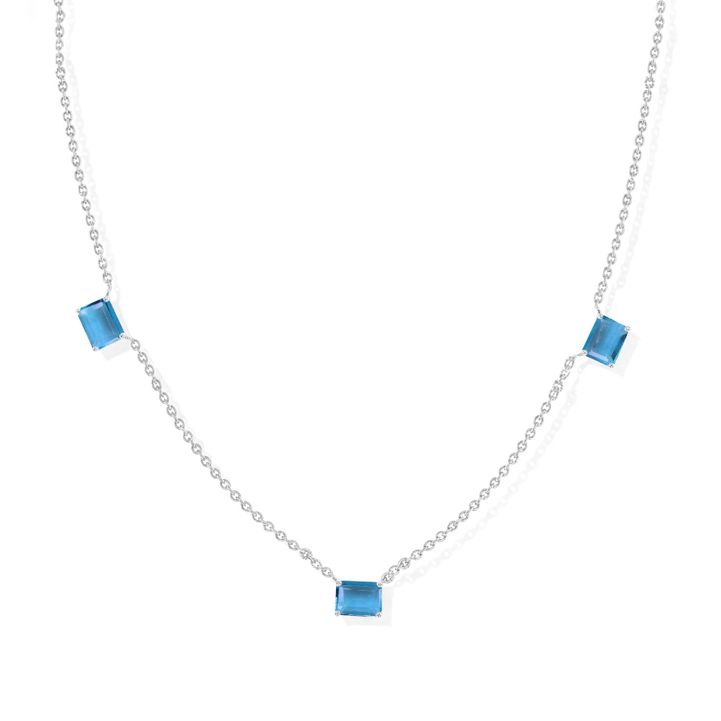 "AAA Blue Topaz Three Stone Octagon Station Necklace in 925 Sterling Silver.
