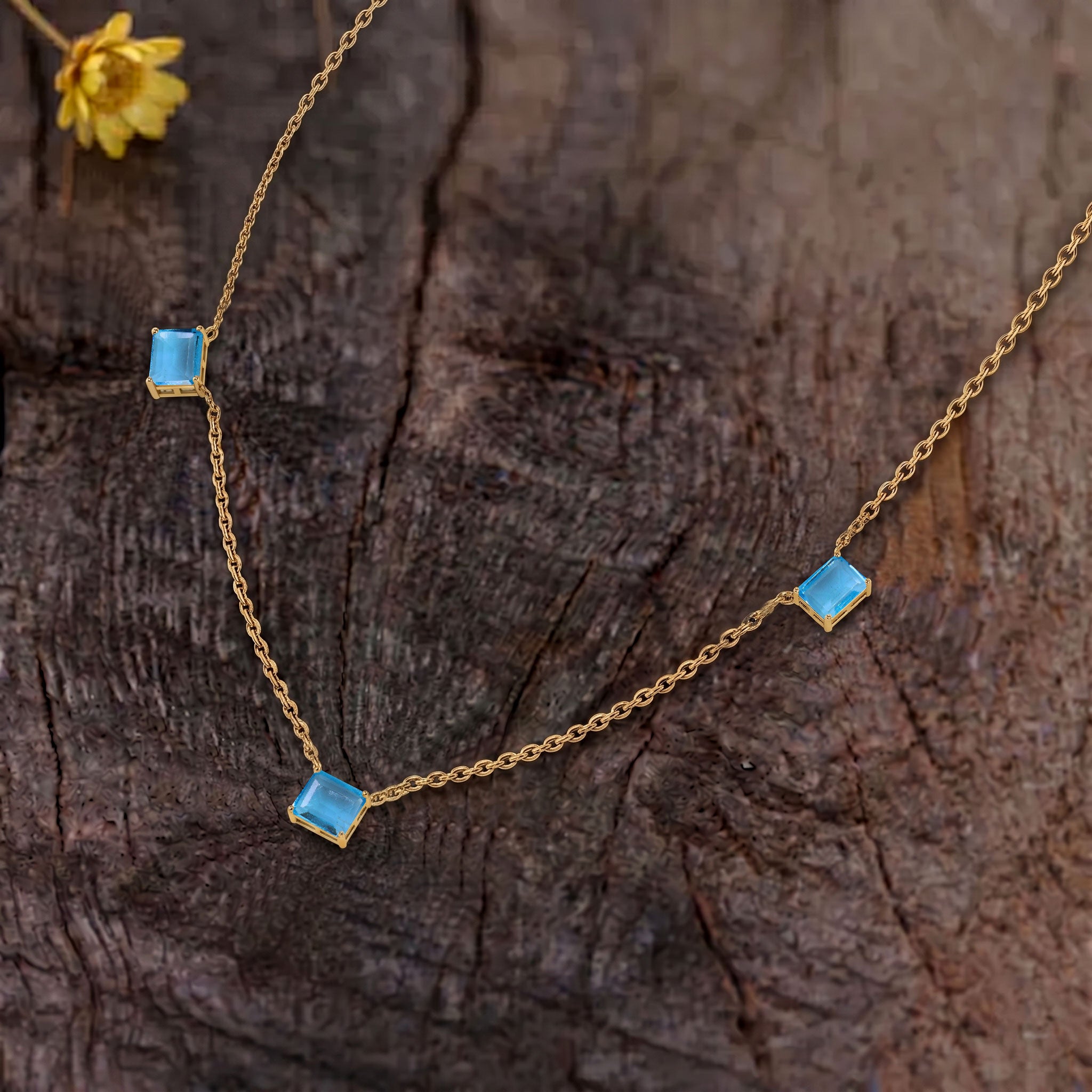 AAA Blue Topaz Three Stone Station Necklace, perfect December birthstone gift."