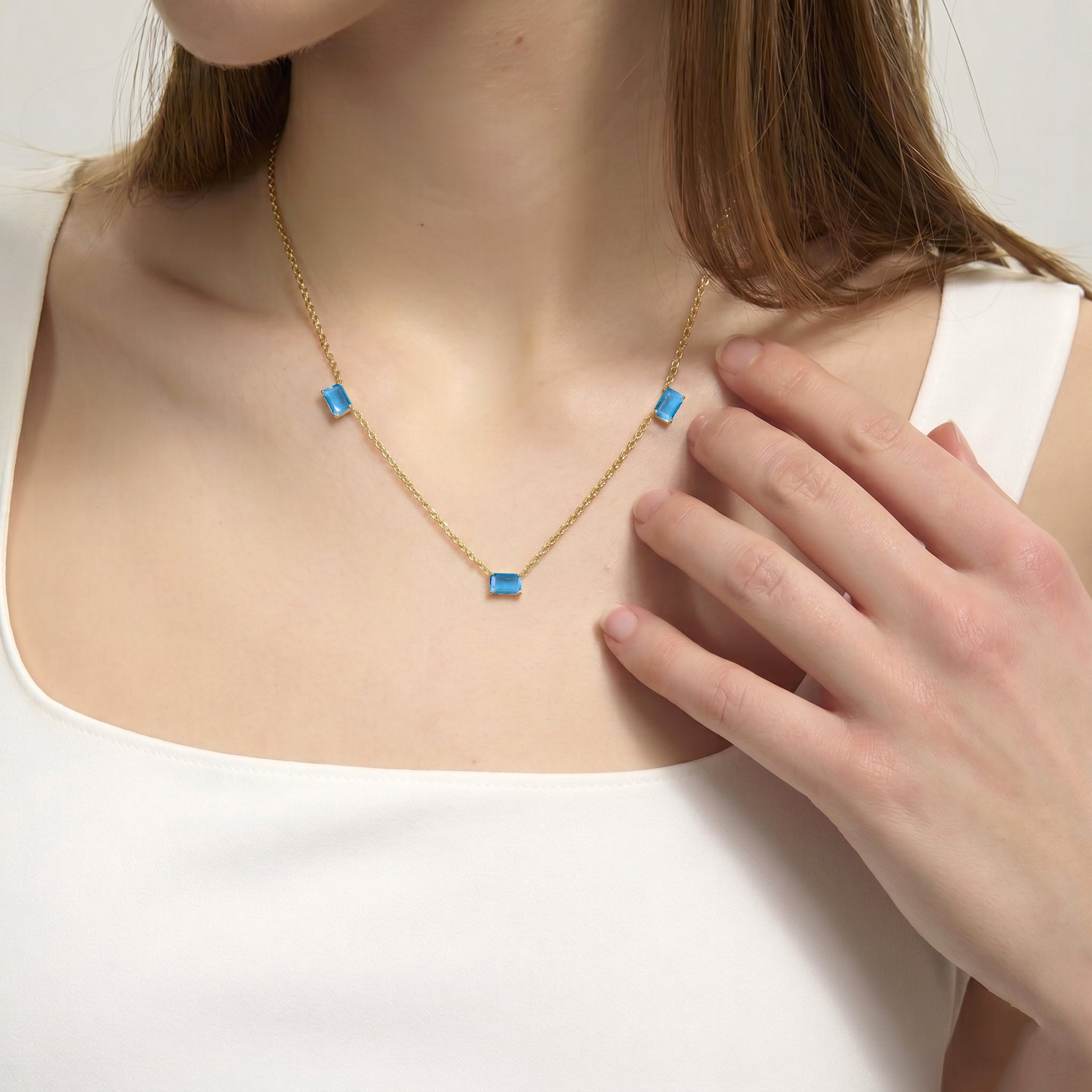 Minimalist AAA Blue Topaz gemstone necklace for layering and everyday wear.
