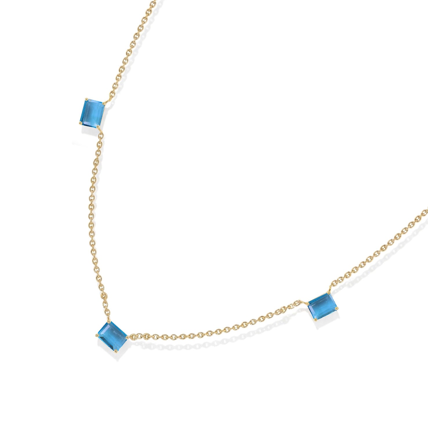 Three stone Blue Topaz necklace featuring brilliant sky blue octagon-cut gemstones.
