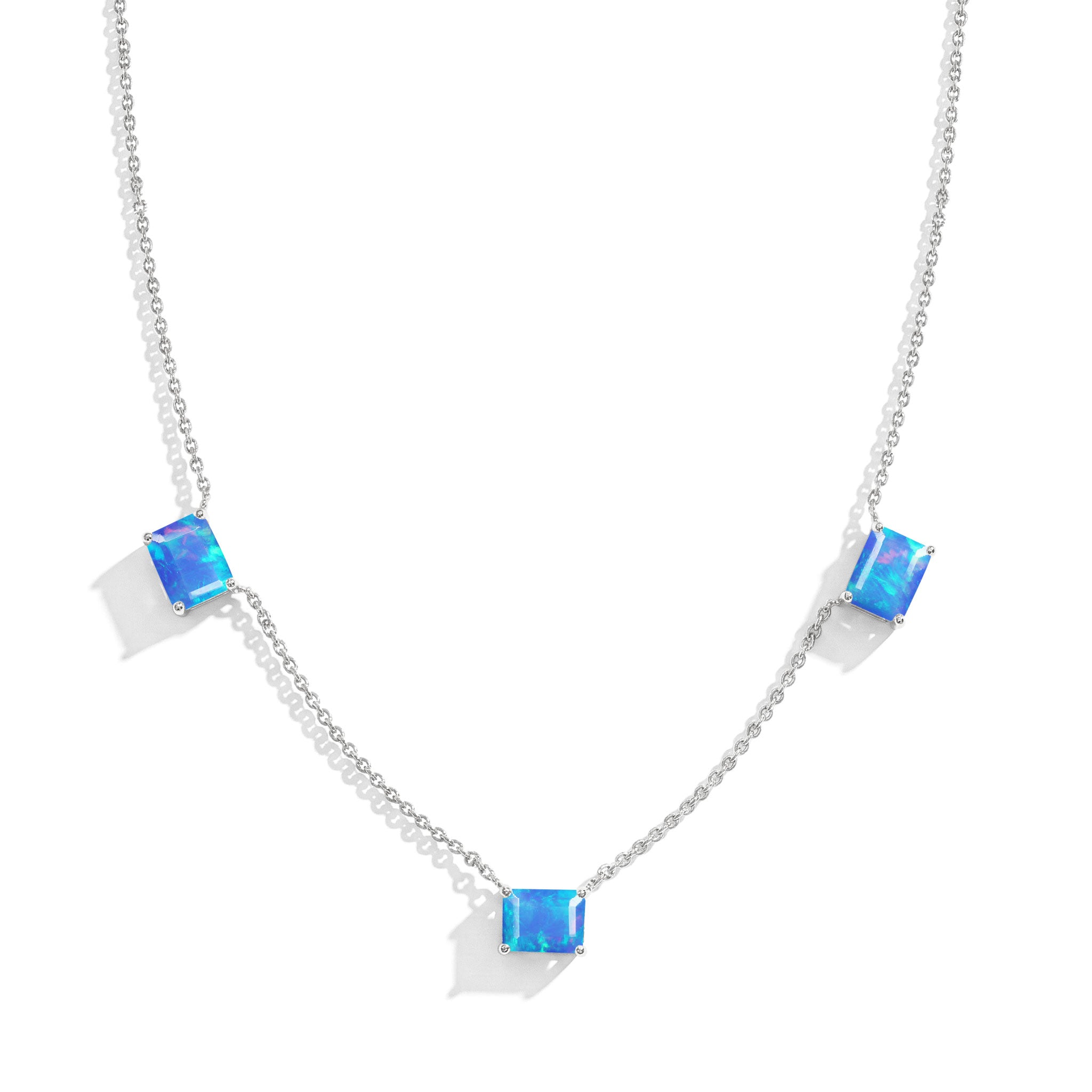 AAA Blue Opal Three Stone Octagon Station Necklace in 925 Sterling Silver.
