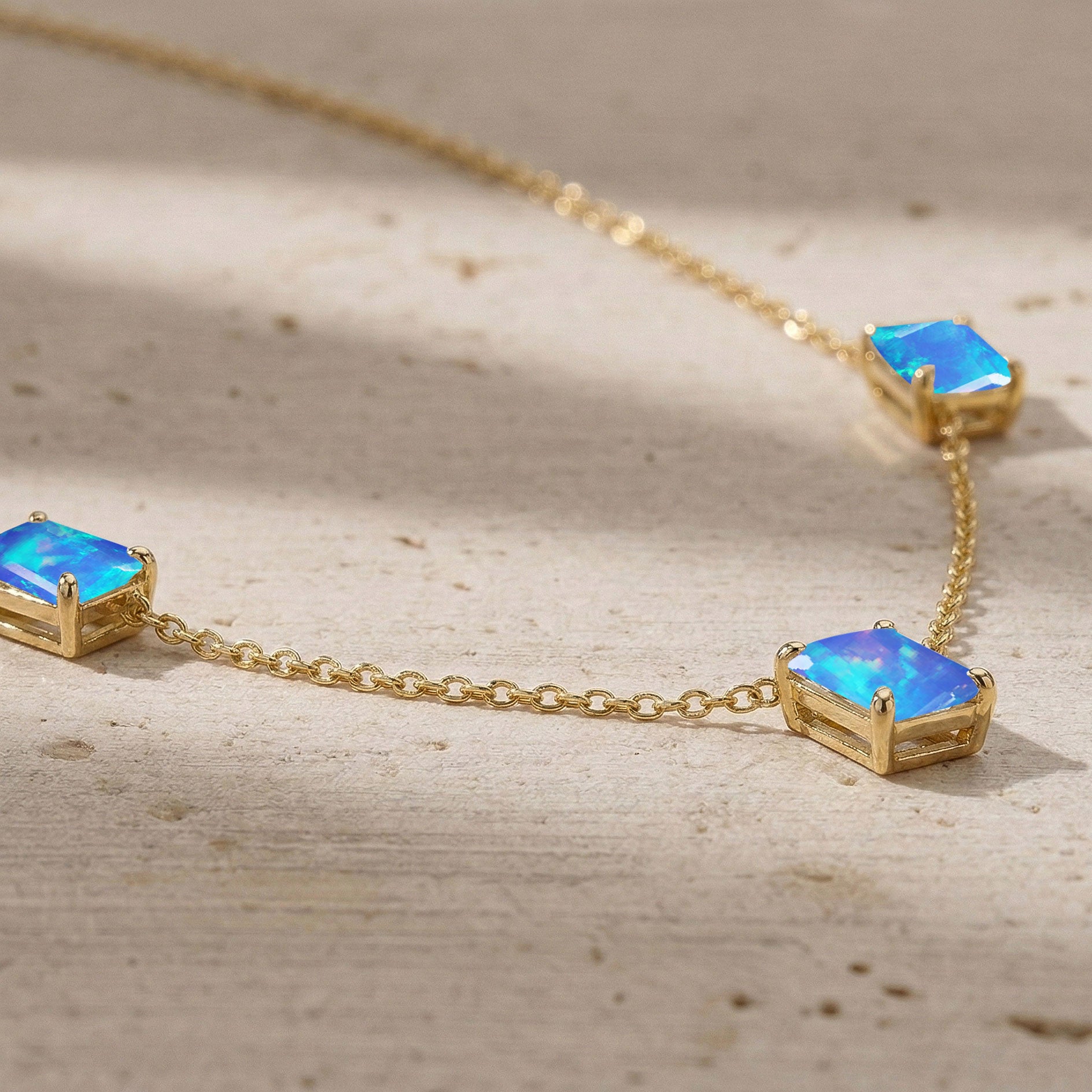 Rose Gold Filled AAA Blue Opal Three Stone Station Necklace.
