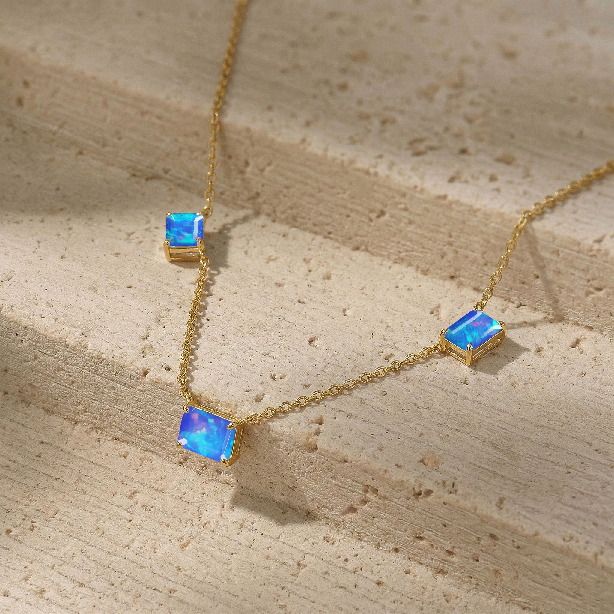 Dainty Blue Opal station necklace with a 16-inch chain and 2-inch extender.
