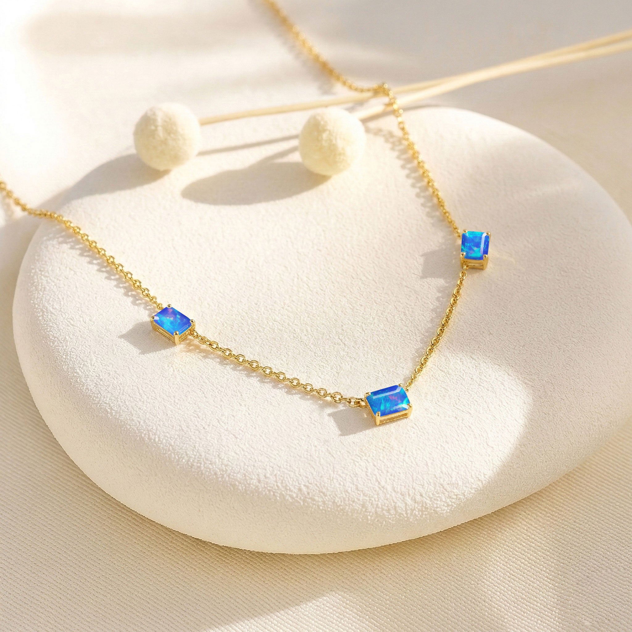 Handmade AAA Blue Opal minimalist station necklace in Sterling Silver.
