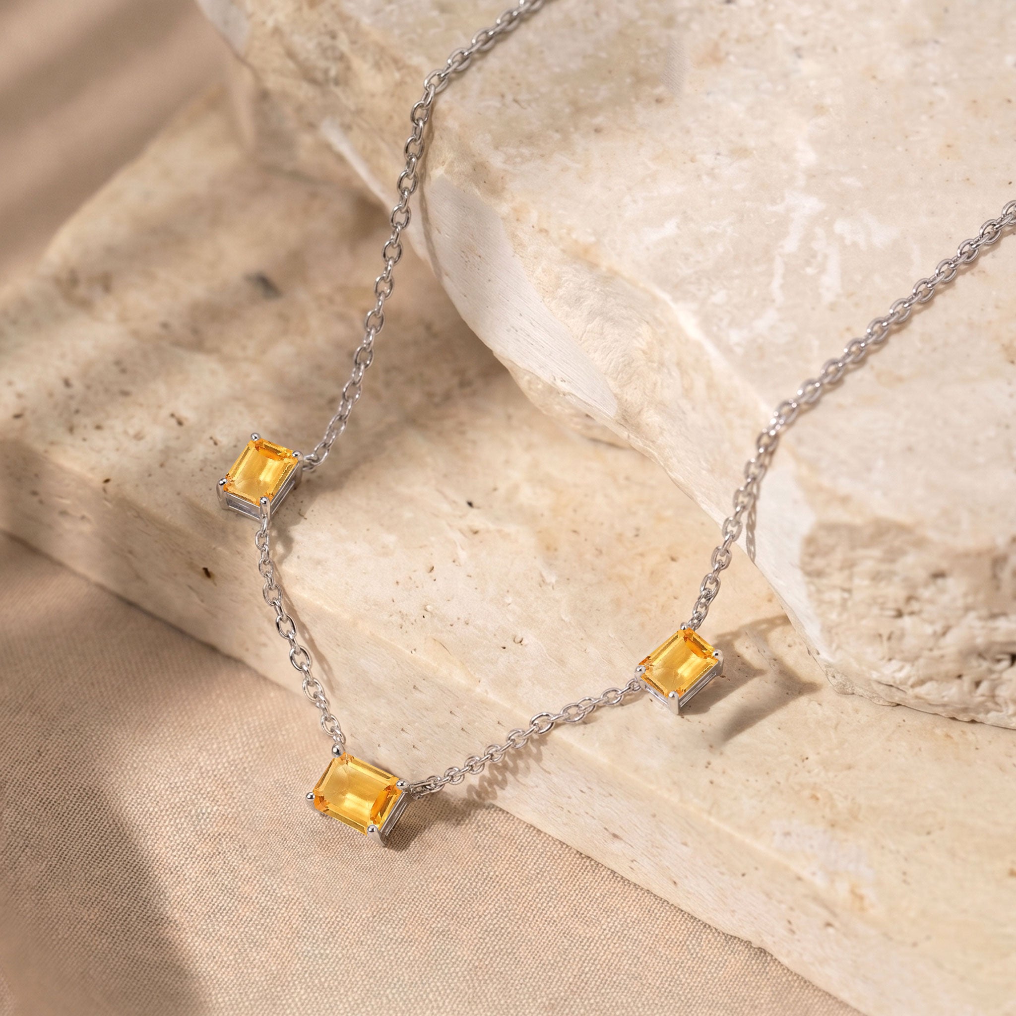Dainty Natural Citrine station necklace with a 16-inch chain and 2-inch extender.

