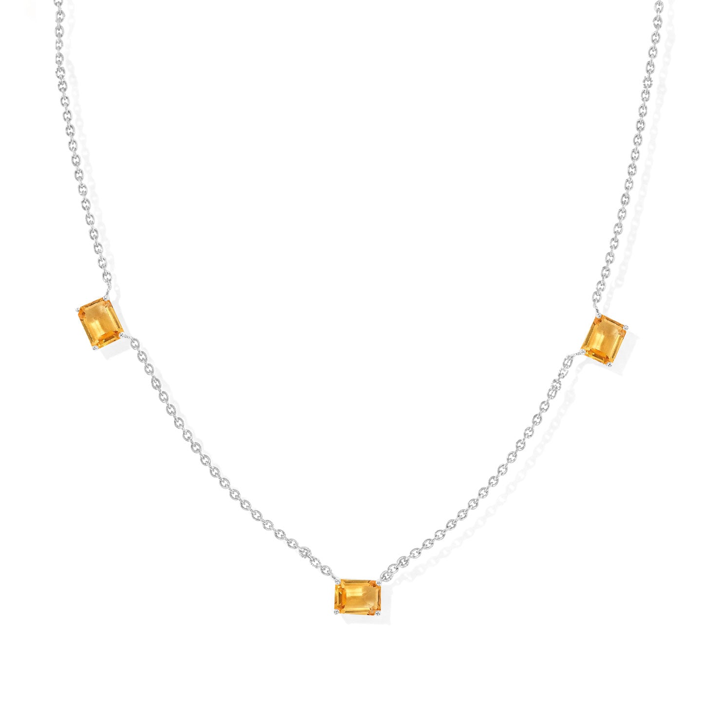"AAA Natural Citrine Three Stone Octagon Station Necklace in 925 Sterling Silver.
