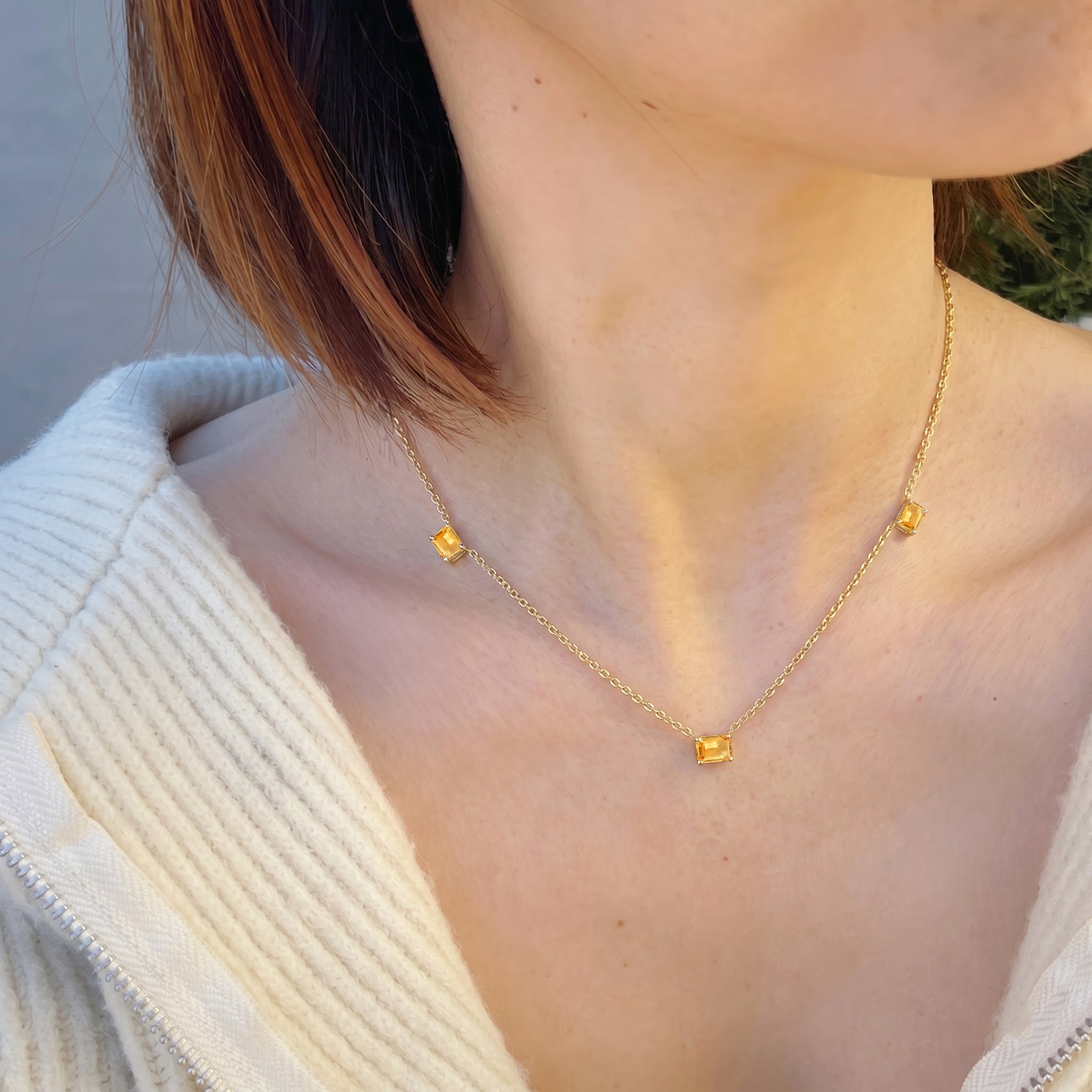 AAA Natural Citrine Three Stone Station Necklace, perfect November birthstone gift."