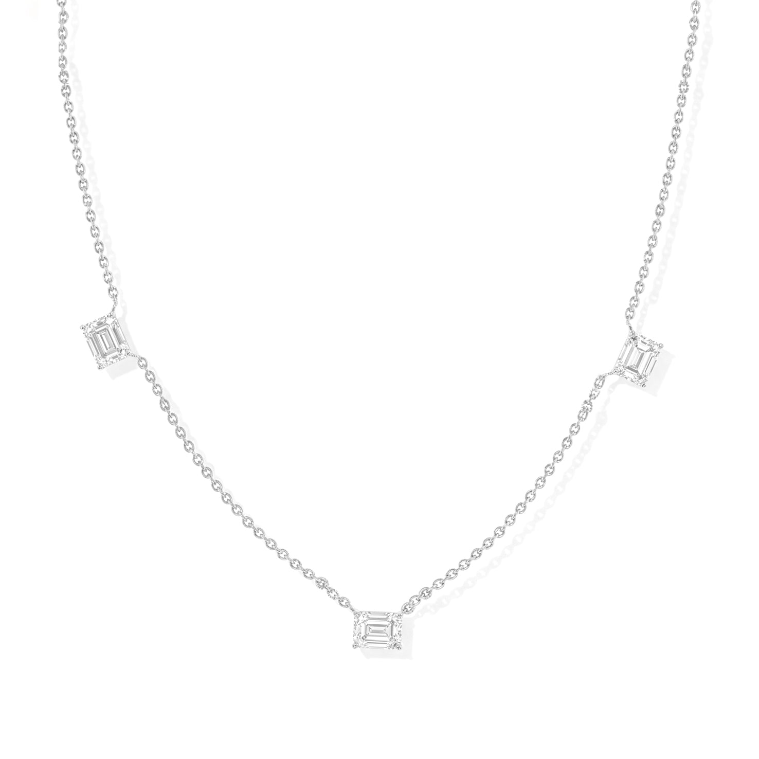 "AAA Moissanite Three Stone Octagon Station Necklace in 925 Sterling Silver.
