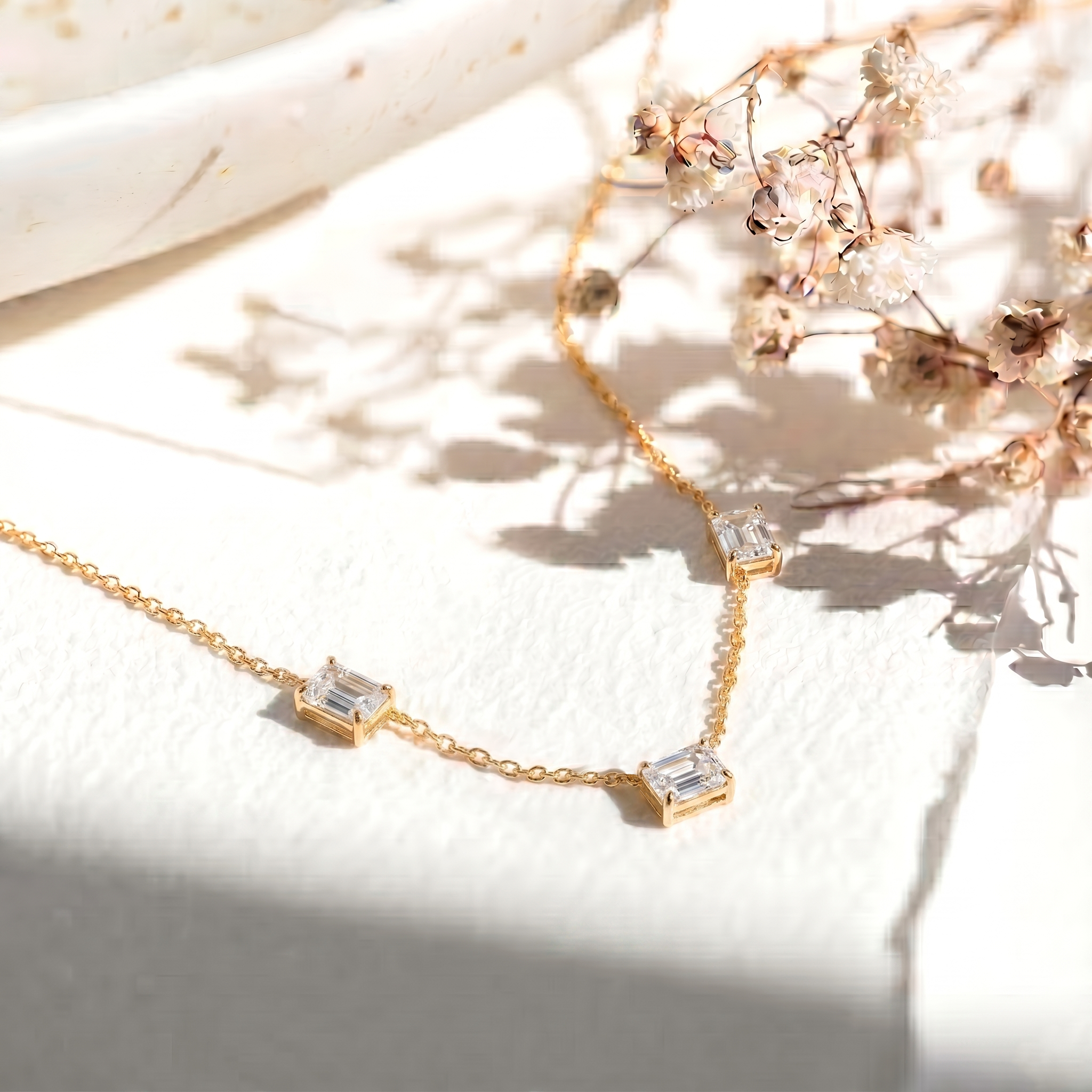Dainty Moissanite station necklace with 16-inch chain and extender.
