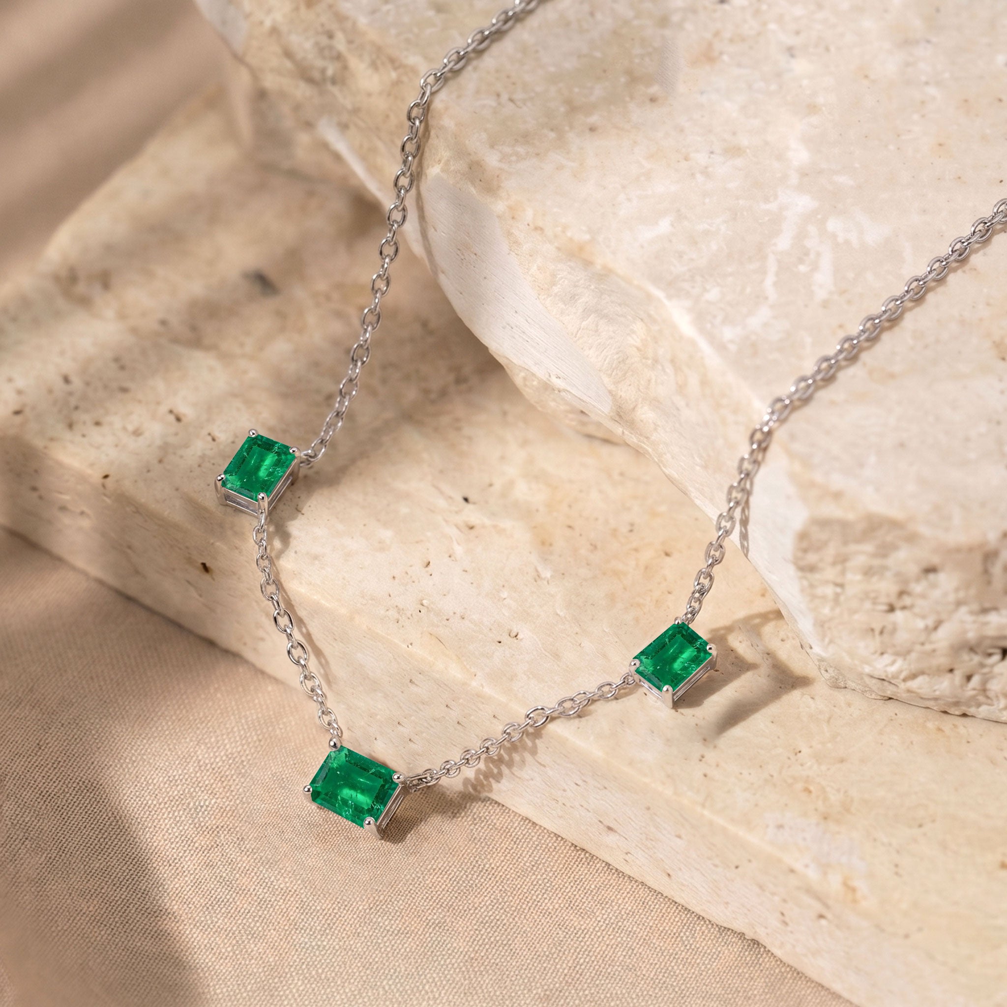Rose Gold Filled AAA Emerald Three Stone Station Necklace.
