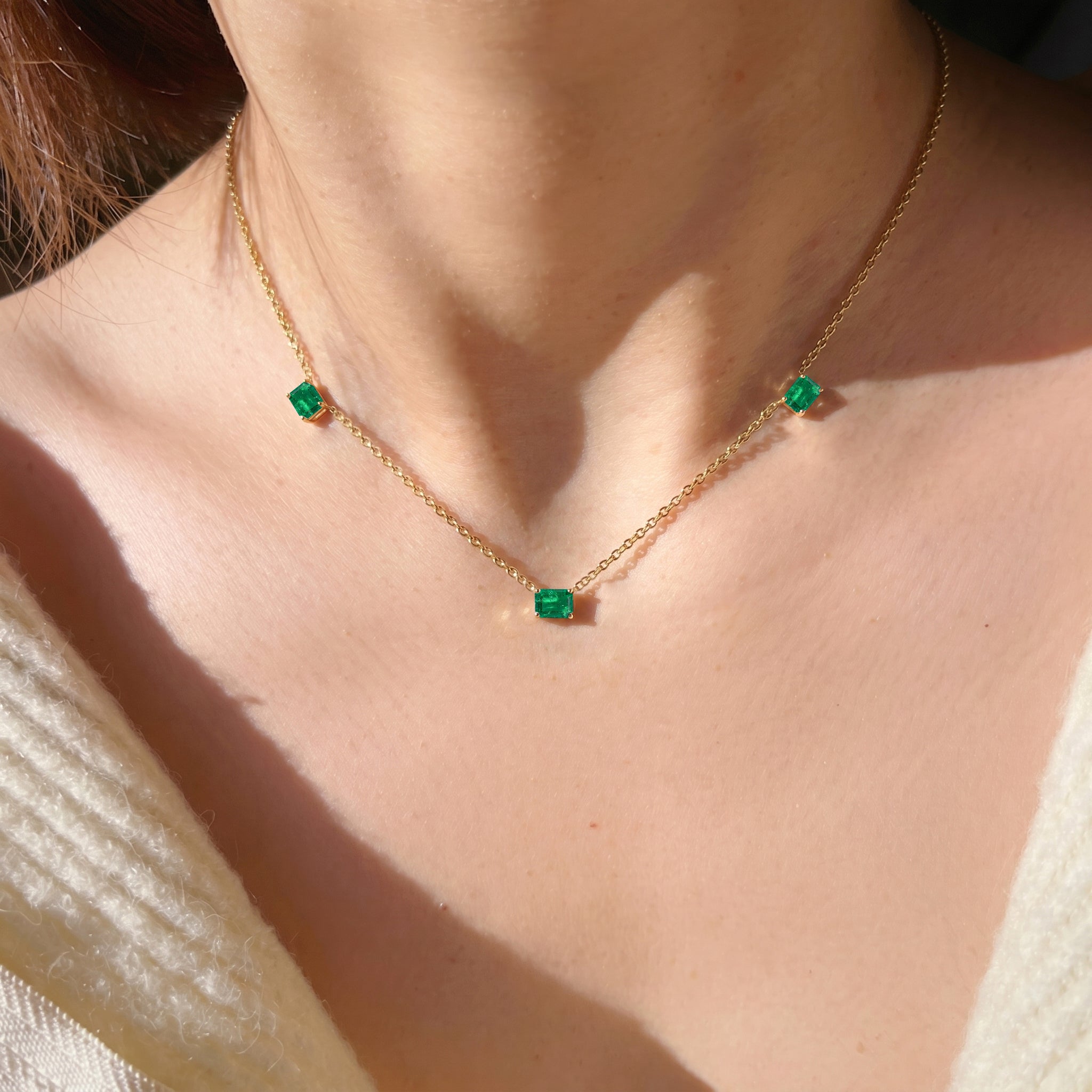 AAA Emerald Three Stone Station Necklace, perfect May birthstone gift."
