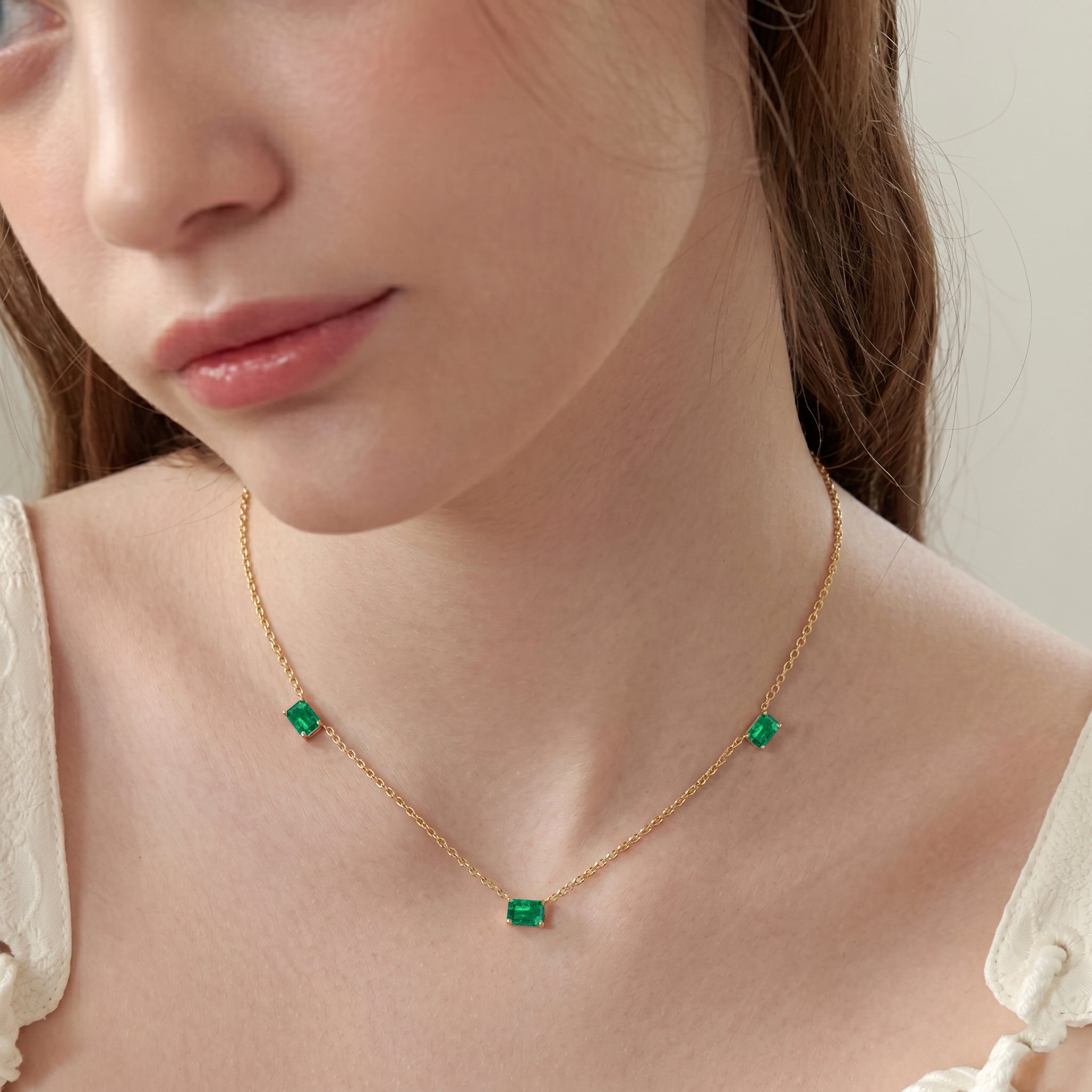 Emerald Three Stone Station Necklace in Yellow Gold Filled and 925 Sterling Silver