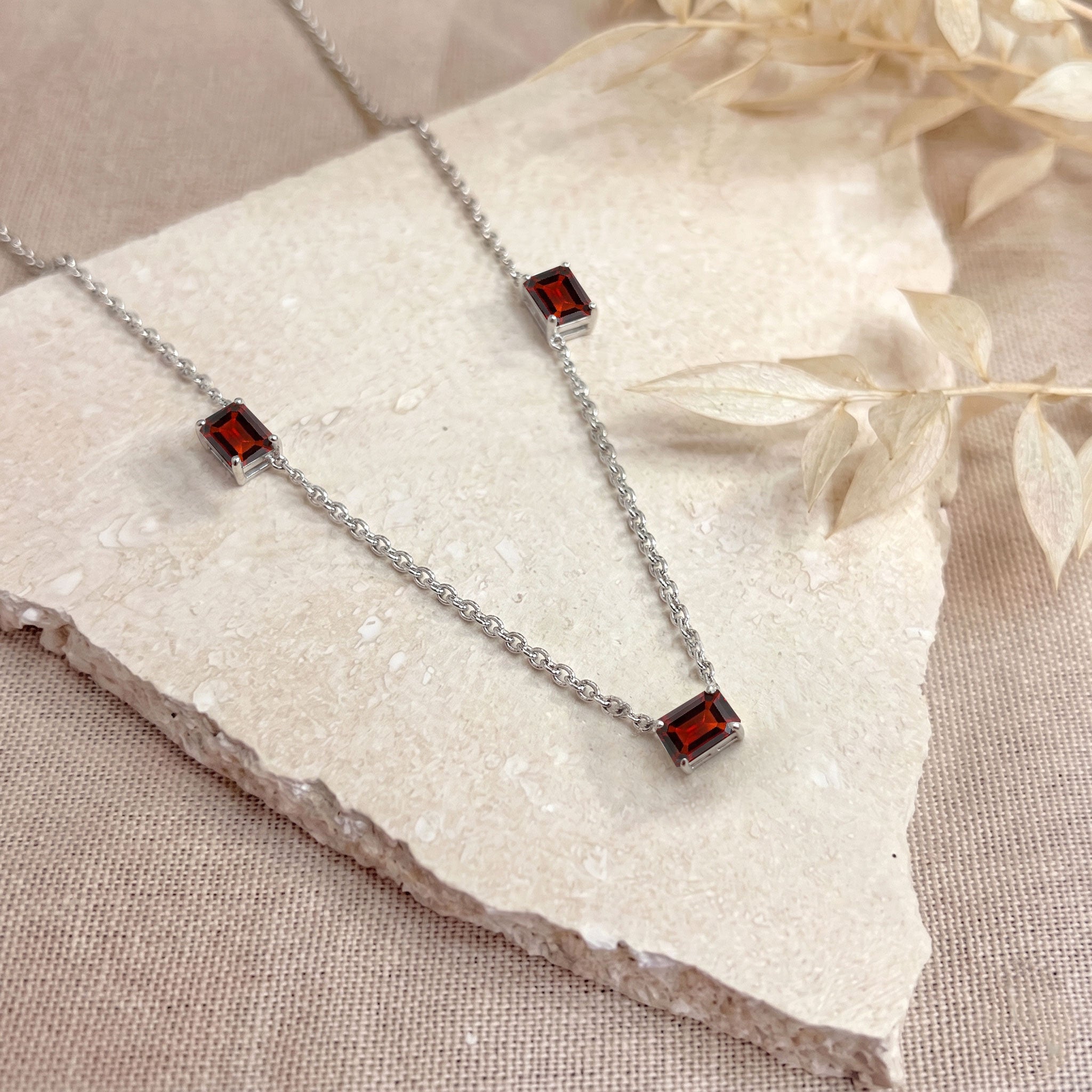 Handmade AAA Garnet minimalist station necklace in Sterling Silver.
