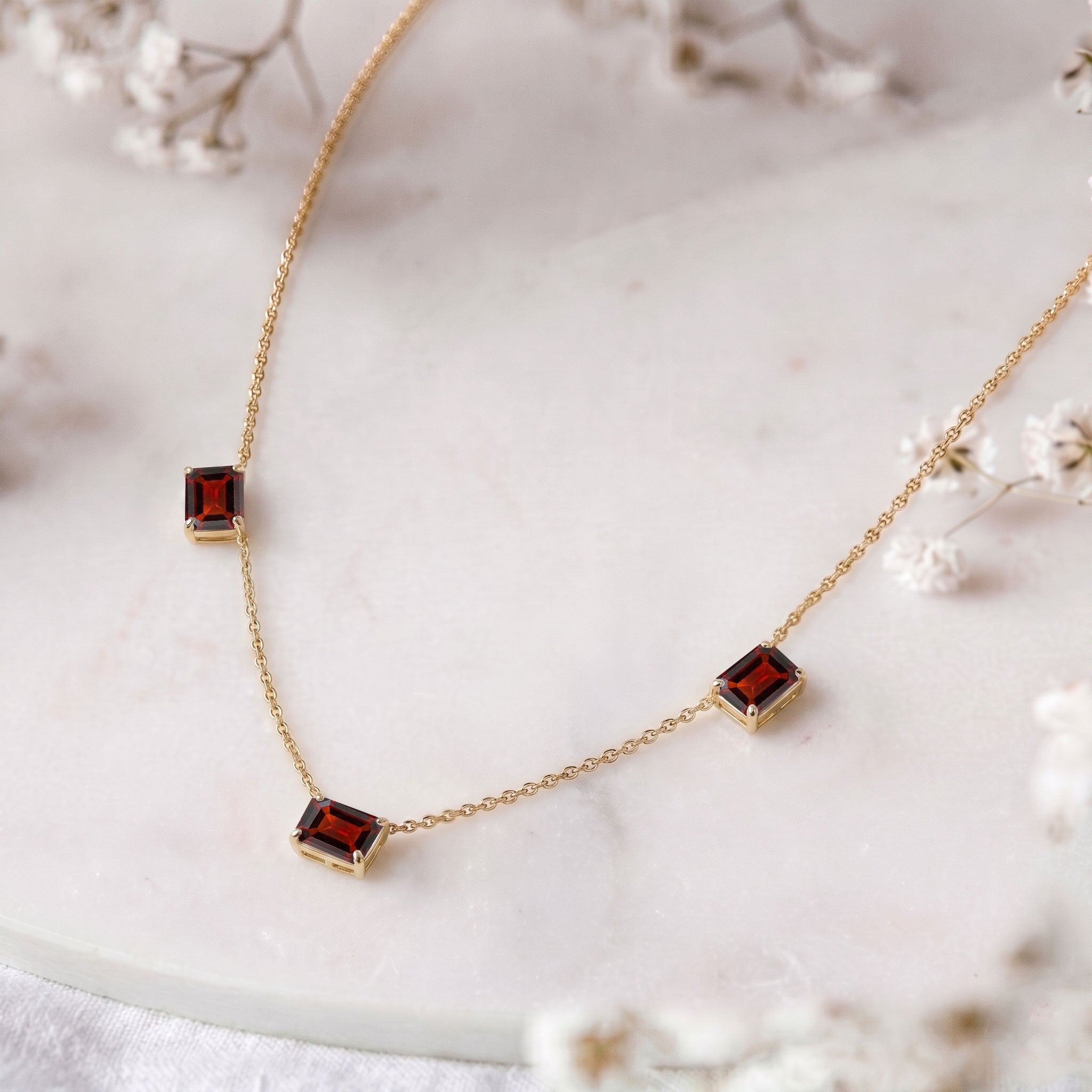 Rose Gold Filled AAA Garnet Three Stone Station Necklace.
