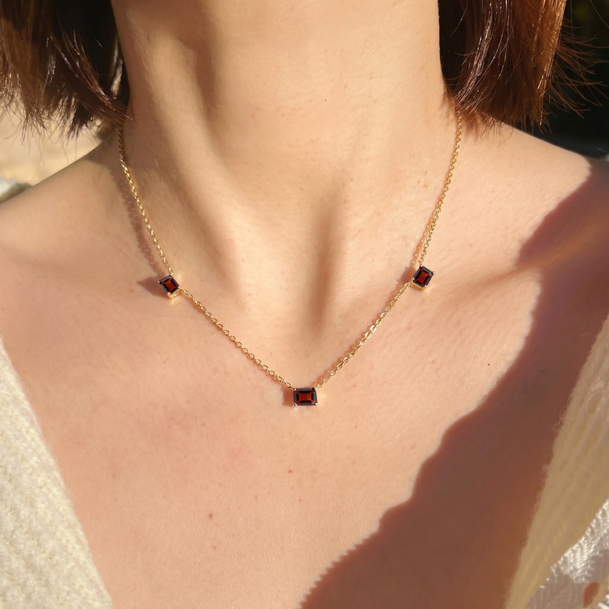 AAA Garnet necklace available in Yellow Gold Filled.
