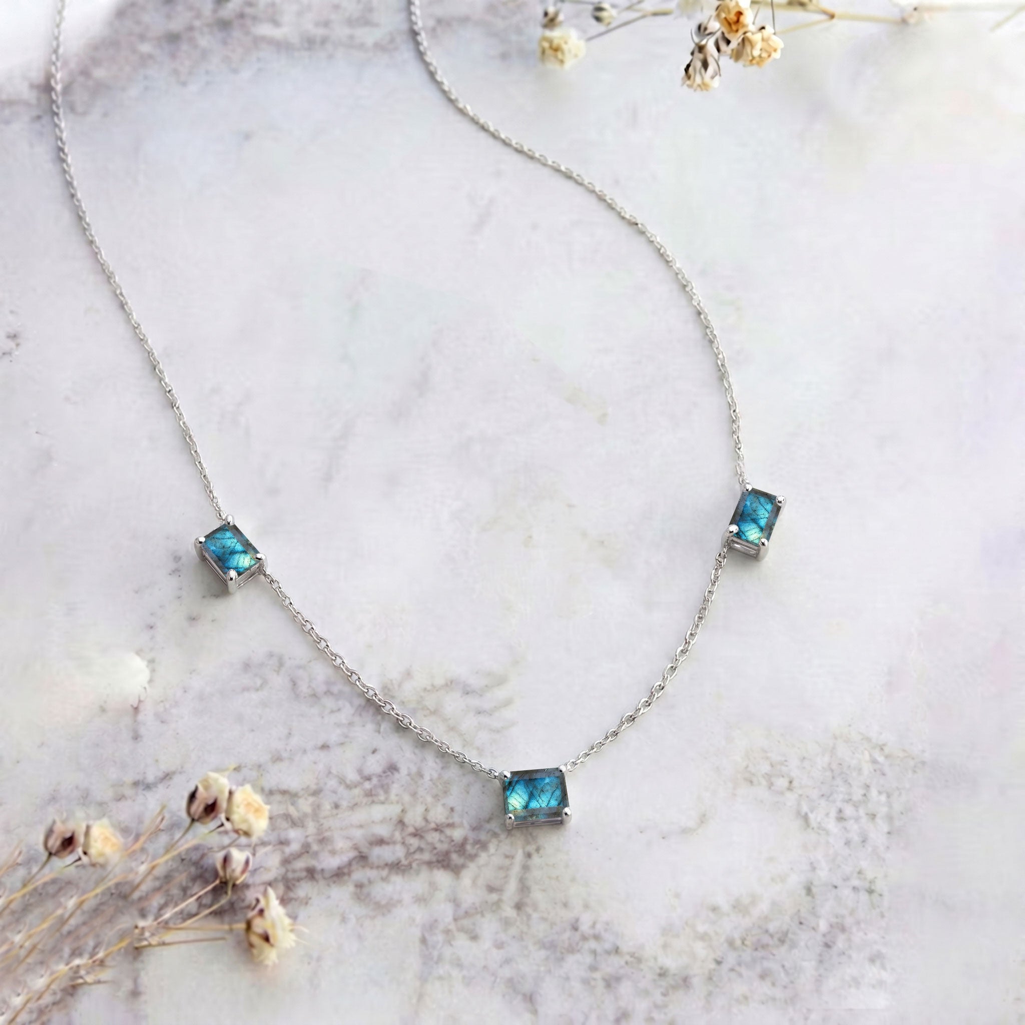 Handmade AAA Labradorite minimalist station necklace in Sterling Silver.
