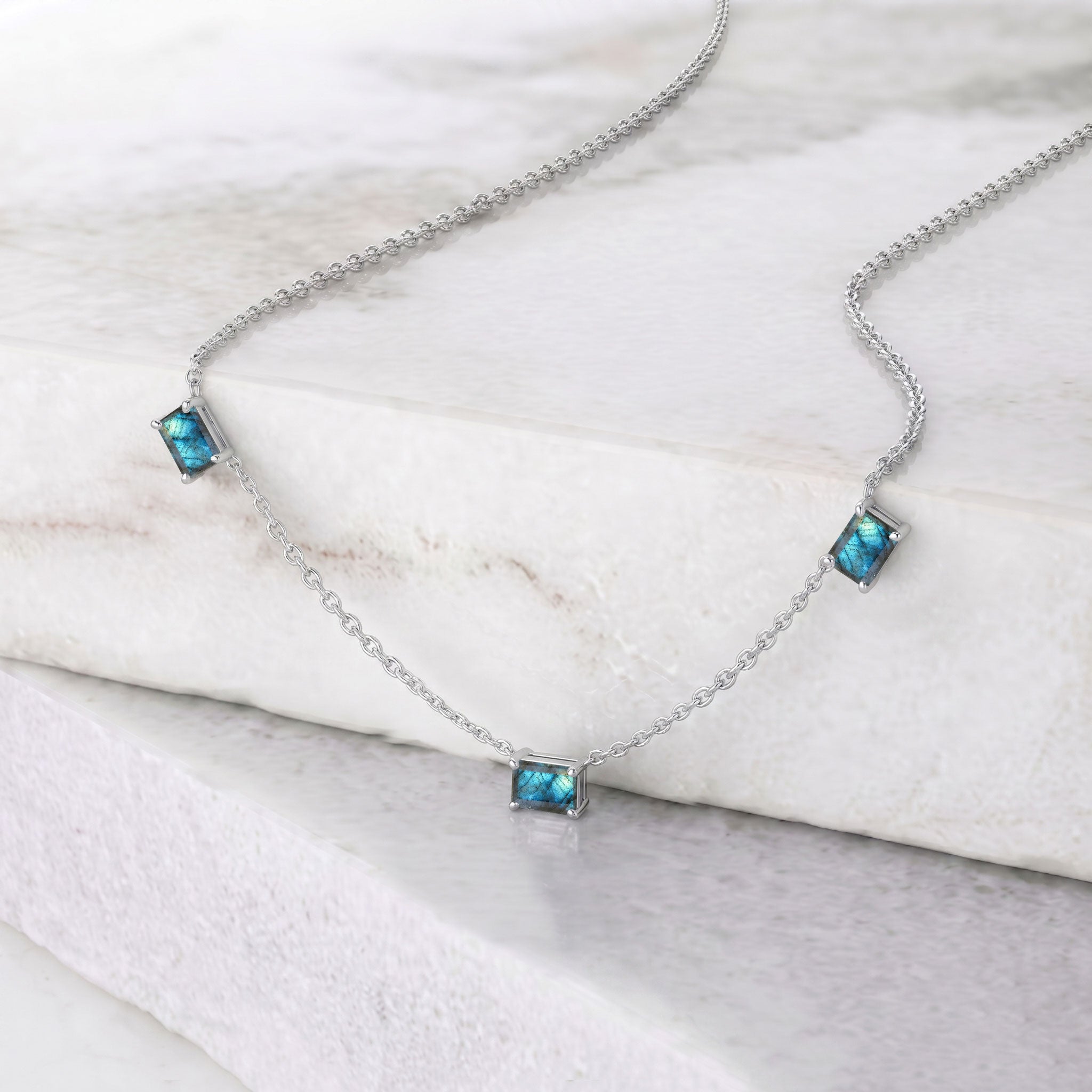 Dainty Labradorite station necklace with a 16-inch chain and 2-inch extender.
