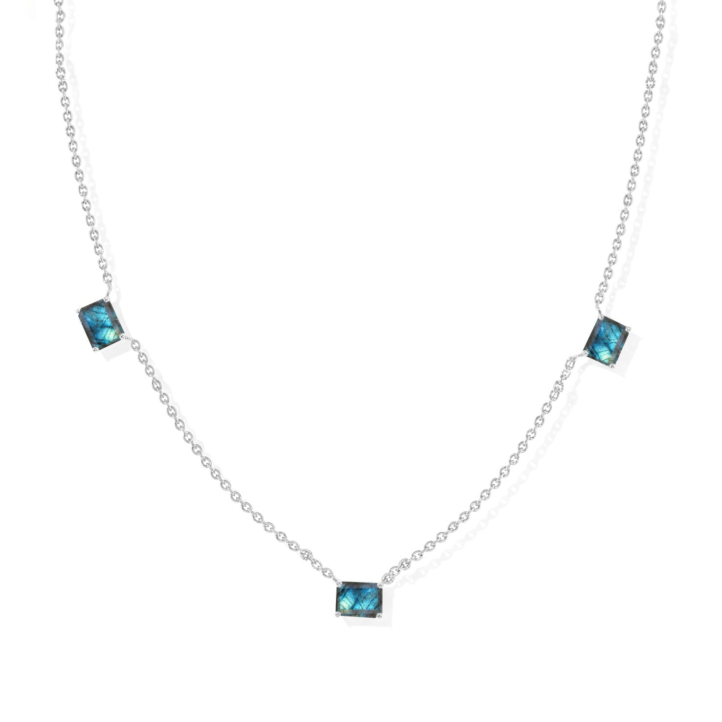 "AAA Labradorite Three Stone Octagon Station Necklace in 925 Sterling Silver.
