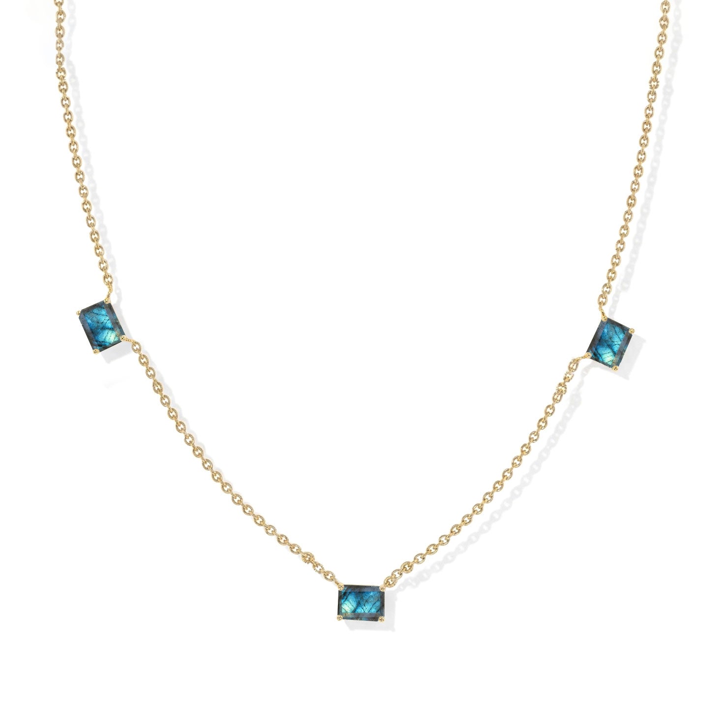 Three stone Labradorite necklace featuring vibrant blue and green flash.
