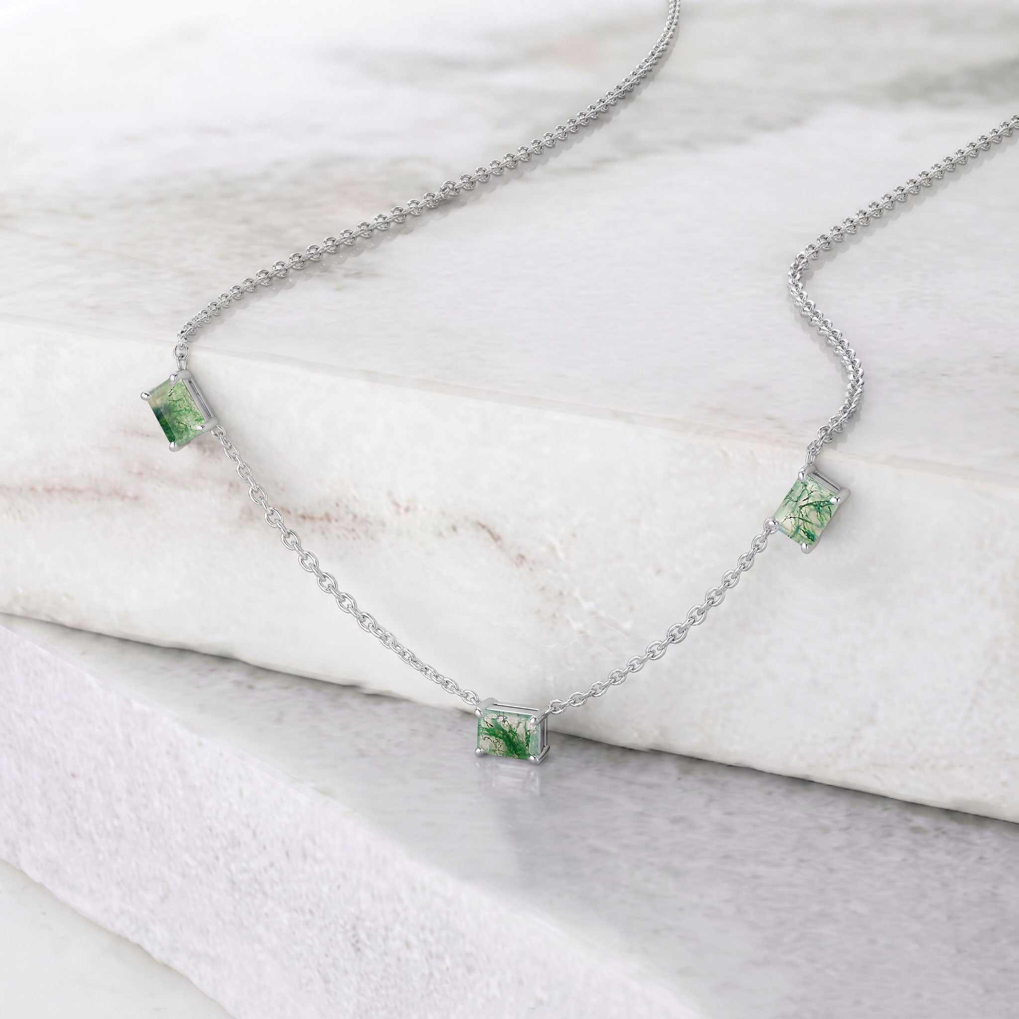 Sterling Silver Moss Agate necklace with nature-inspired gemstones.
